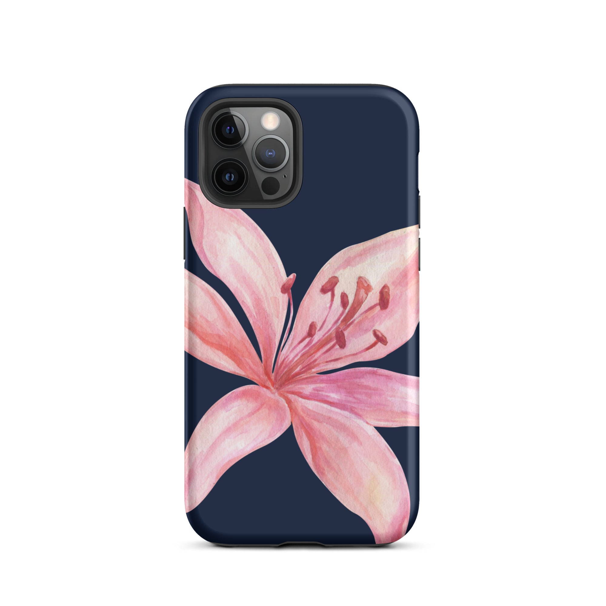 Navy blue iPhone case featuring a pink tiger lily design.