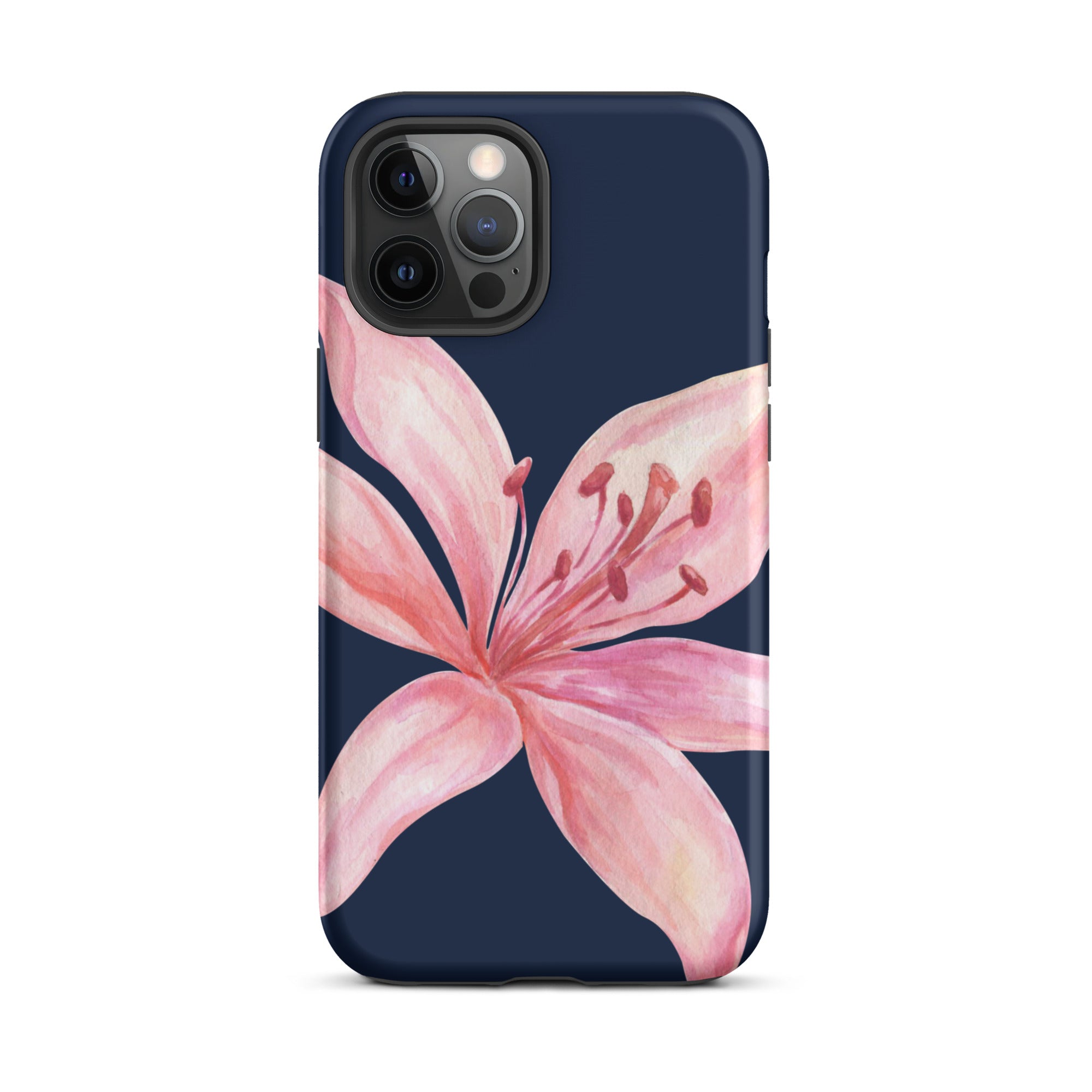 Blue navy iPhone case with pink tiger lily watercolor design and dual-layer protection.