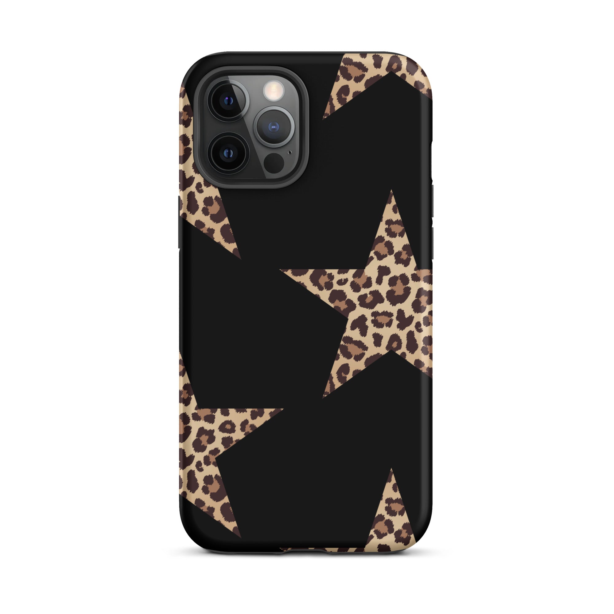 Black iPhone case featuring leopard-print stars on a dark background, dual-layer protection.