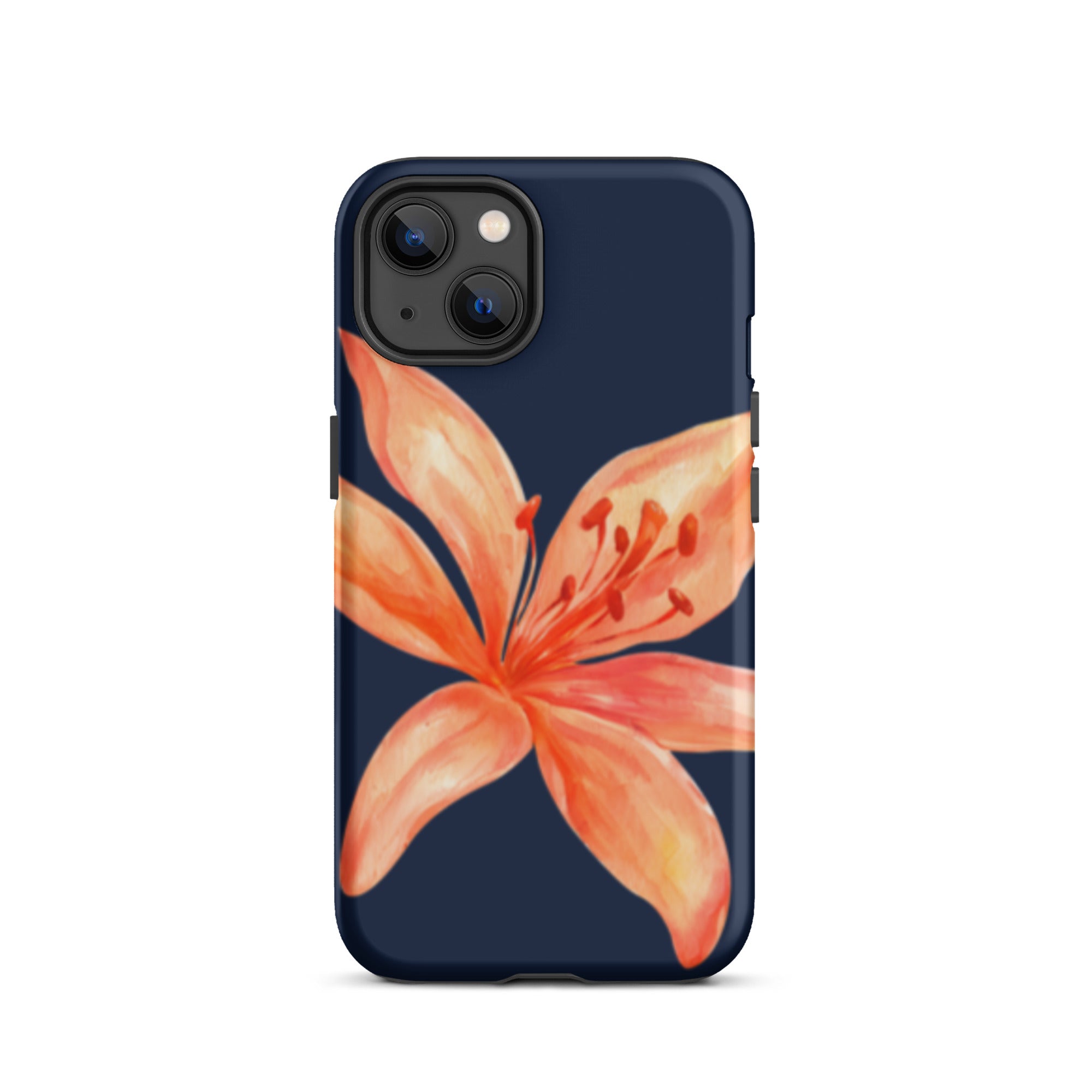 Coral Tiger Lily iPhone Case - Y2K Floral Navy With Glossy Or Matte showing vibrant orange flower on a navy phone case