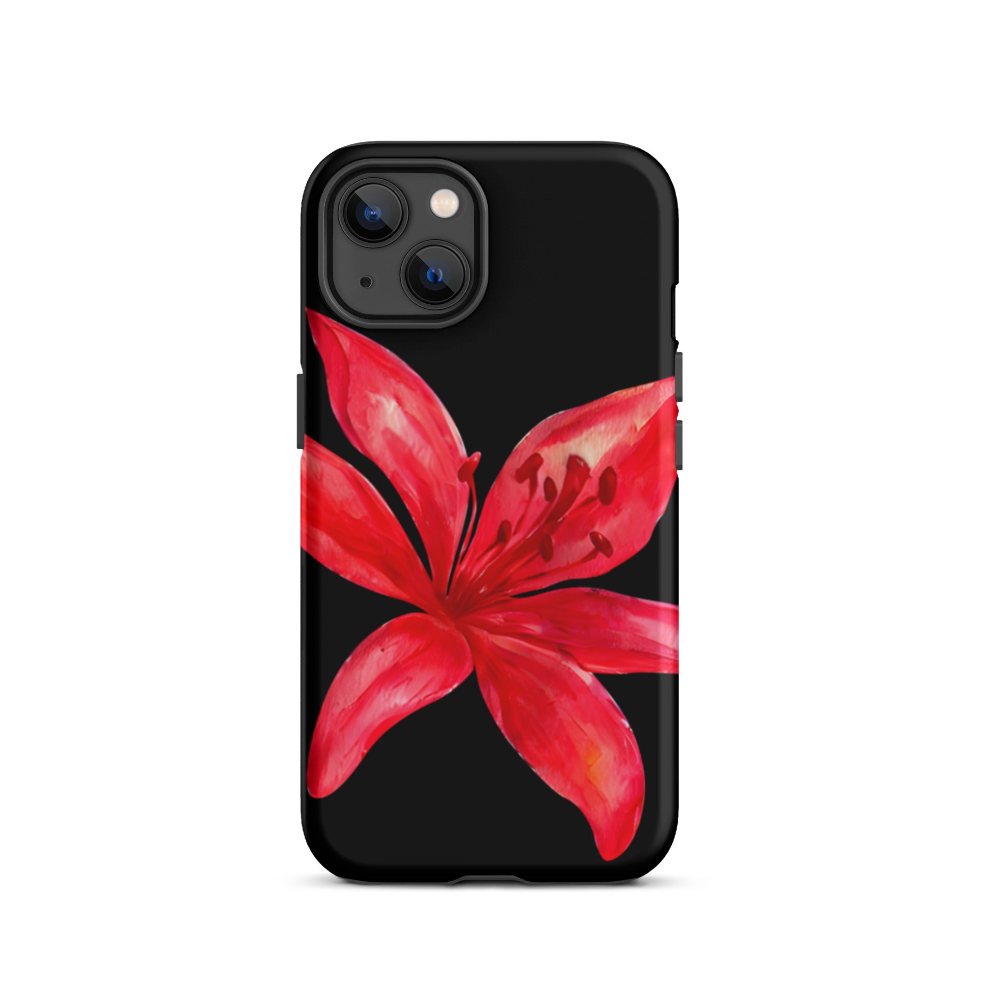 Red Tiger Lily IPhone Case - Y2K Floral Black Phone Case With Dual Layer Protection In Glossy Or Matte Finish with vibrant red flower design