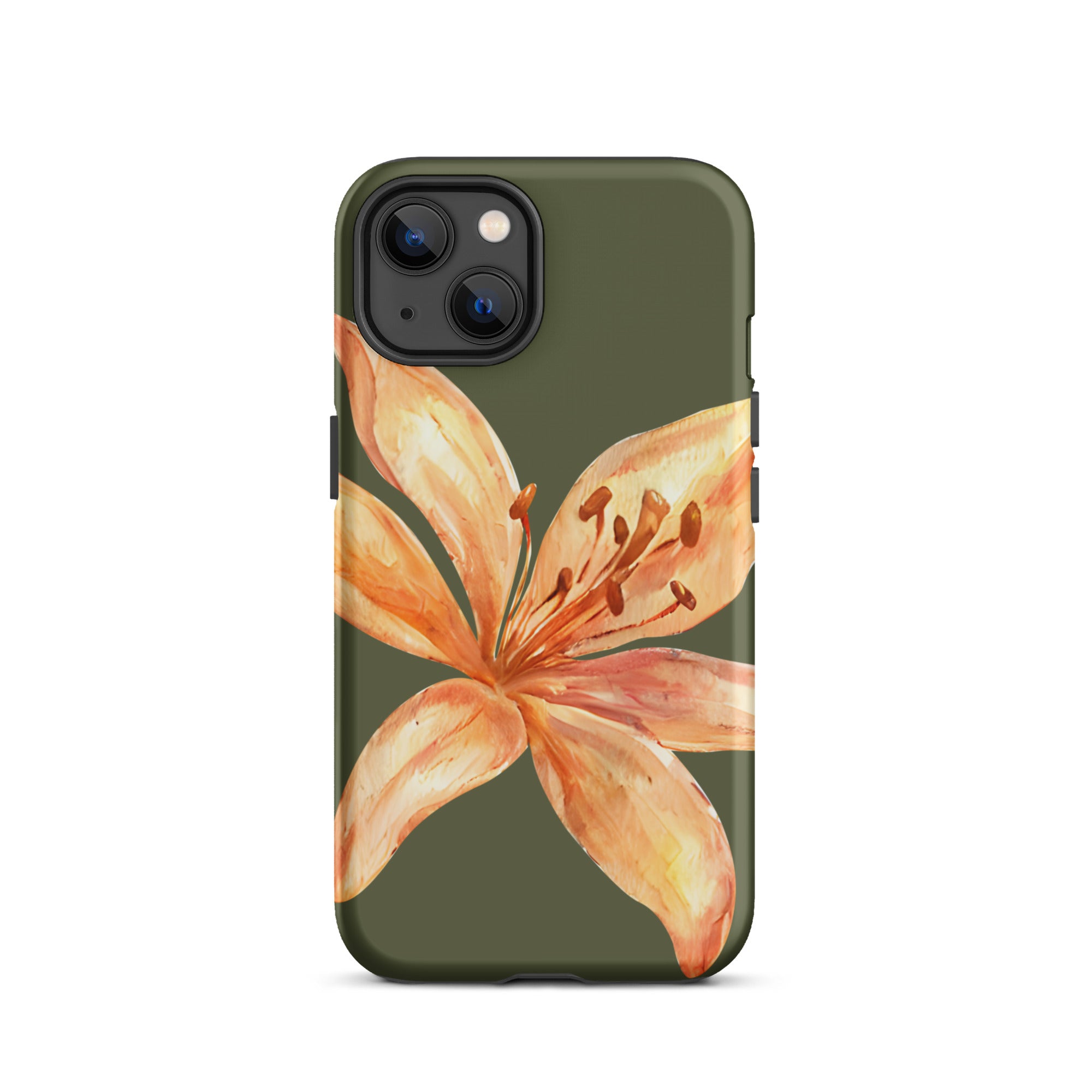 Tiger Lily IPhone Case - Botanical Art Floral y2k preppy Phone cover with orange flower design on olive background