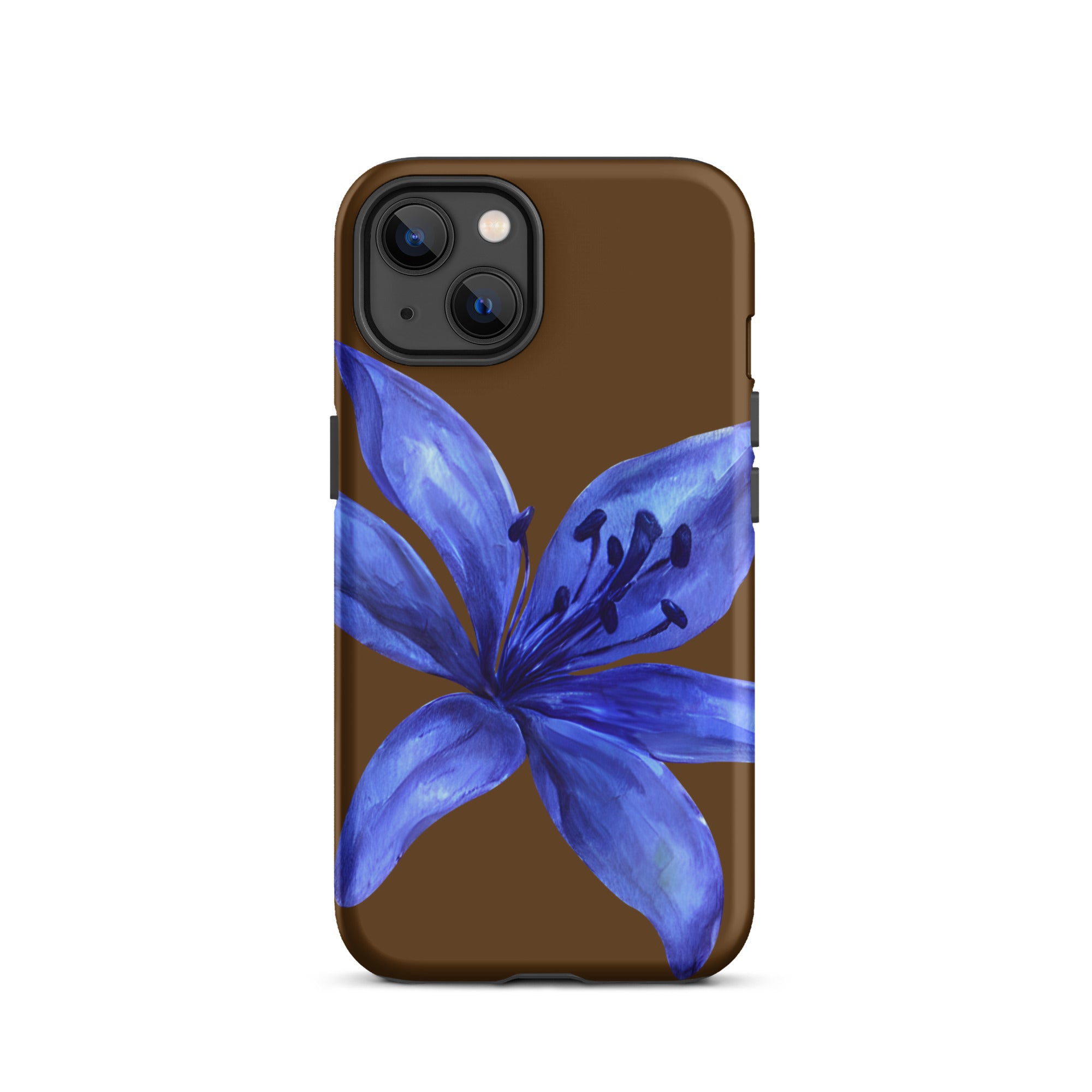 Tiger Lily Brown and Blue Tiger Lily iPhone Case - Dual Layer Protection With Impact Resistant Polycarbonate featuring vibrant blue flower on brown background