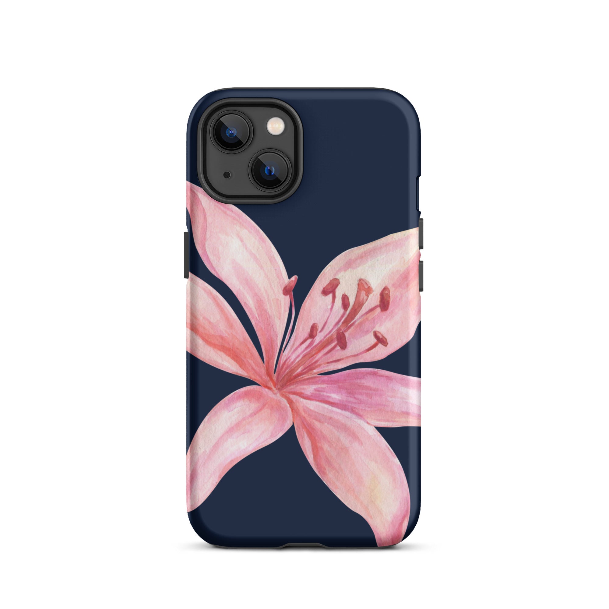 Blue navy iPhone case with pink tiger lily design; dual-layer polycarbonate shell and TPU interior.