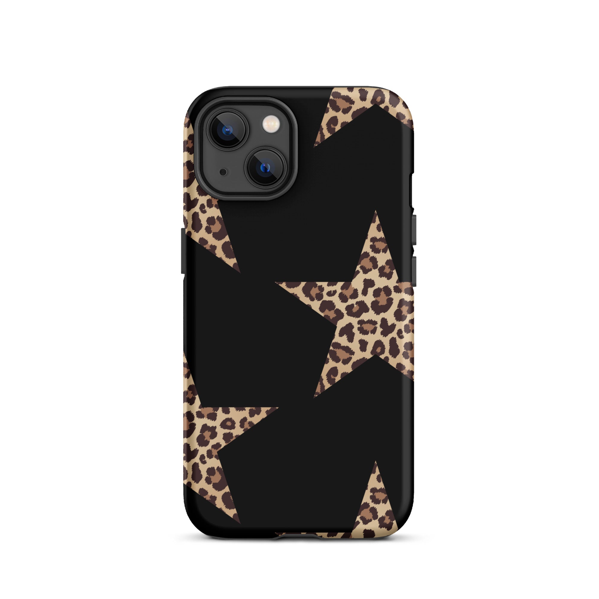 Black iPhone case with leopard-print stars on a rugged dual-layer shell.
