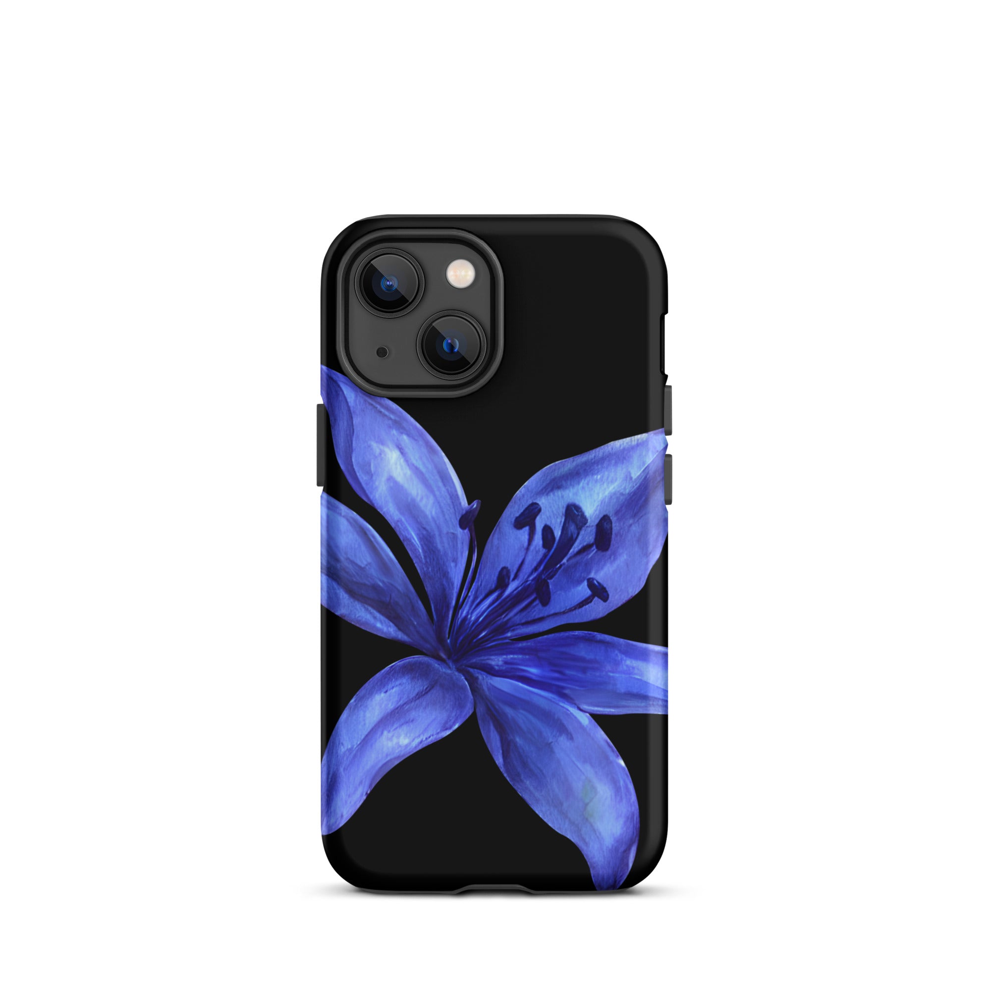 Blue tiger lily floral design on black dual-layer iPhone case with polycarbonate outer shell.
