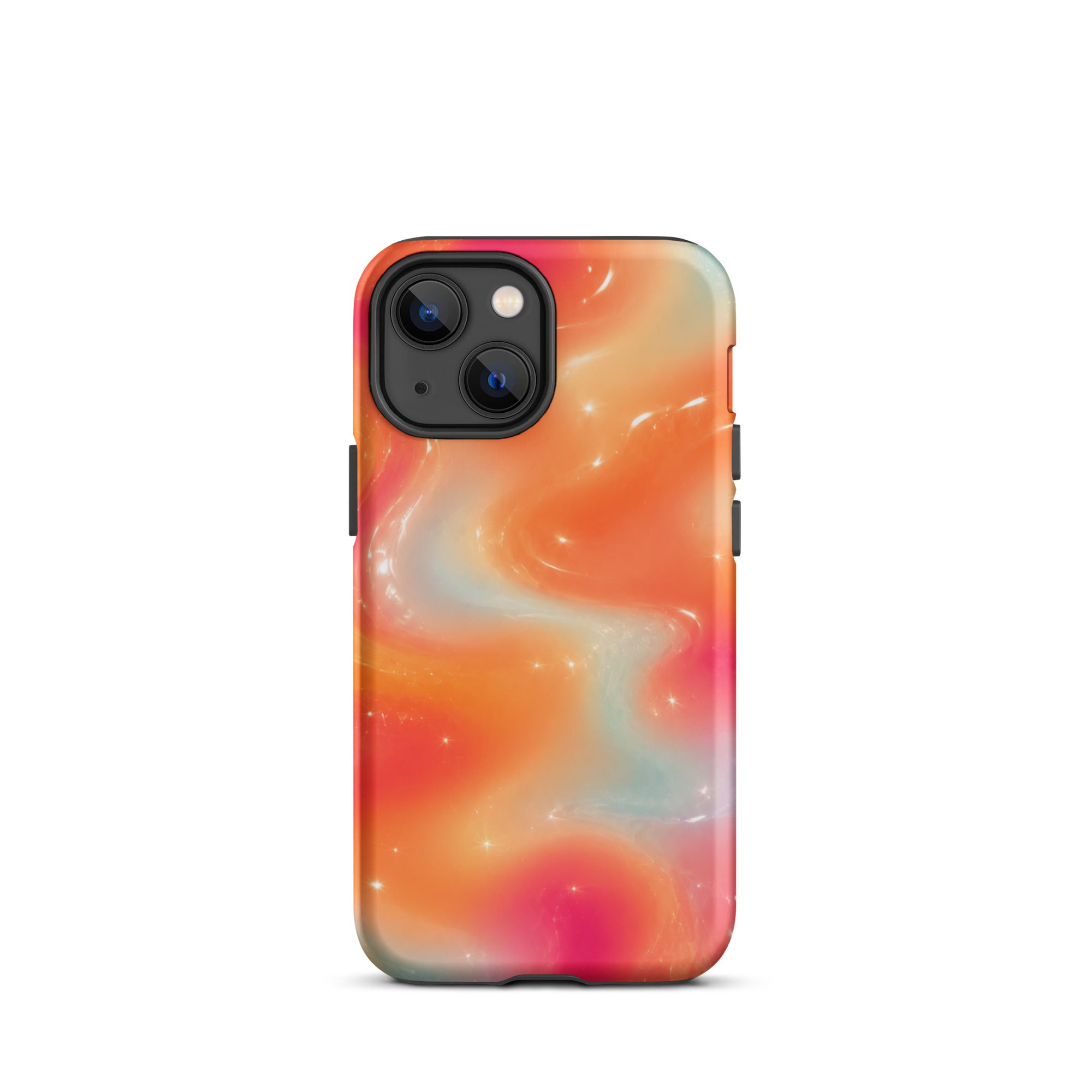 Close-up of iPhone with impact-resistant dual layer case and colorful swirl design