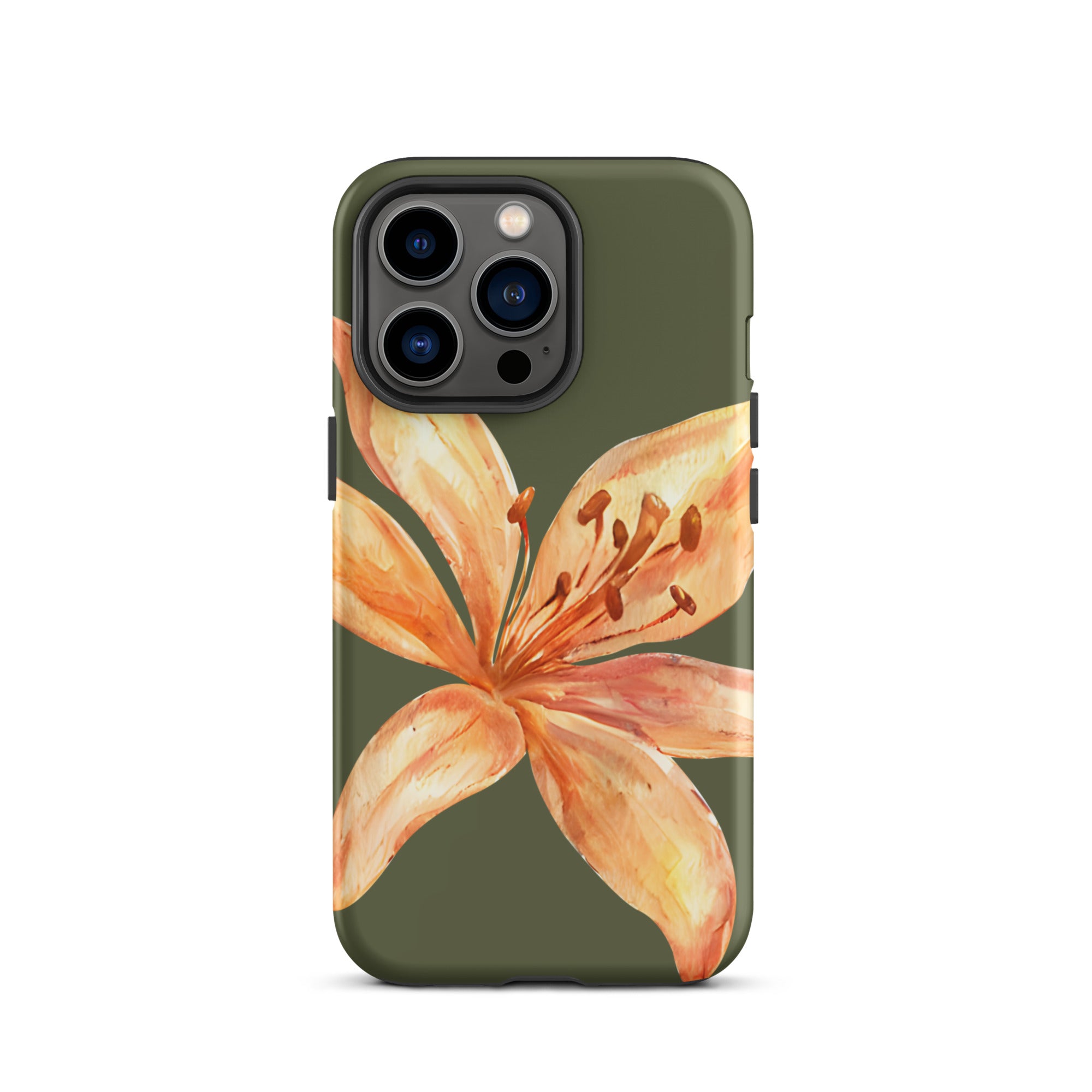 Tiger Lily IPhone Case - Botanical Art Floral y2k preppy Phone cover with orange flower design on olive green background
