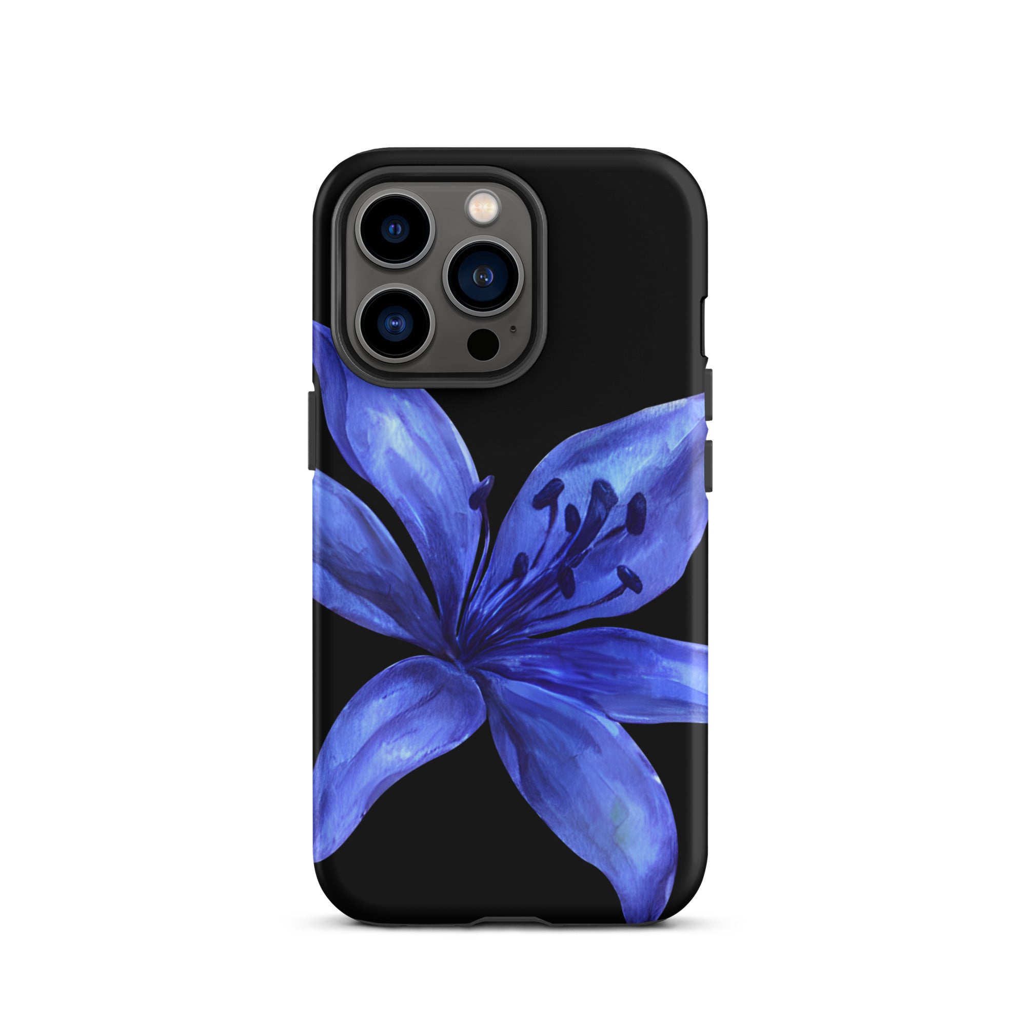 Blue tiger lily design on black dual-layer iPhone case with triple-camera cutout.