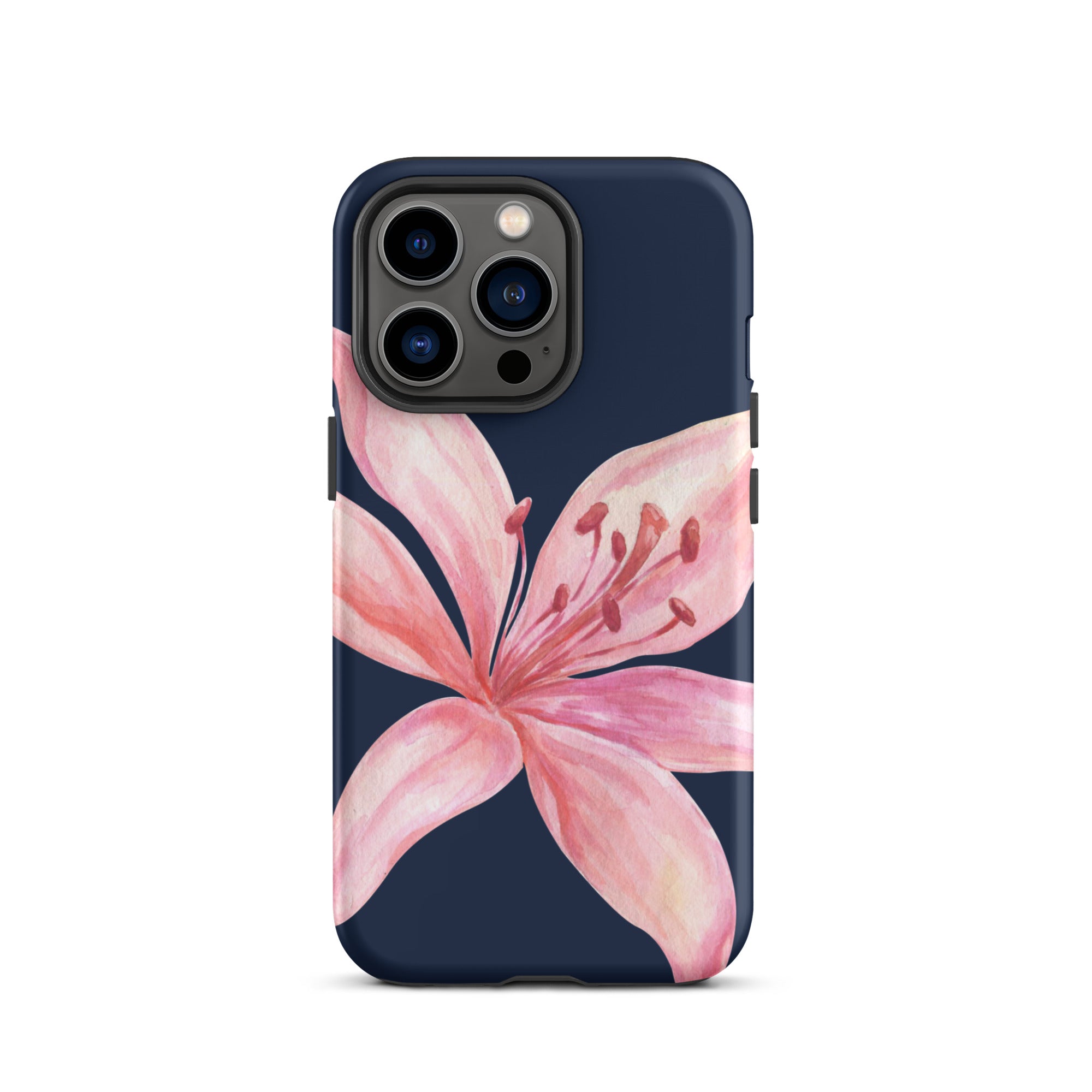 Blue iPhone case featuring pink tiger lily artwork on navy background; dual-layer polycarbonate shell and TPU lining.