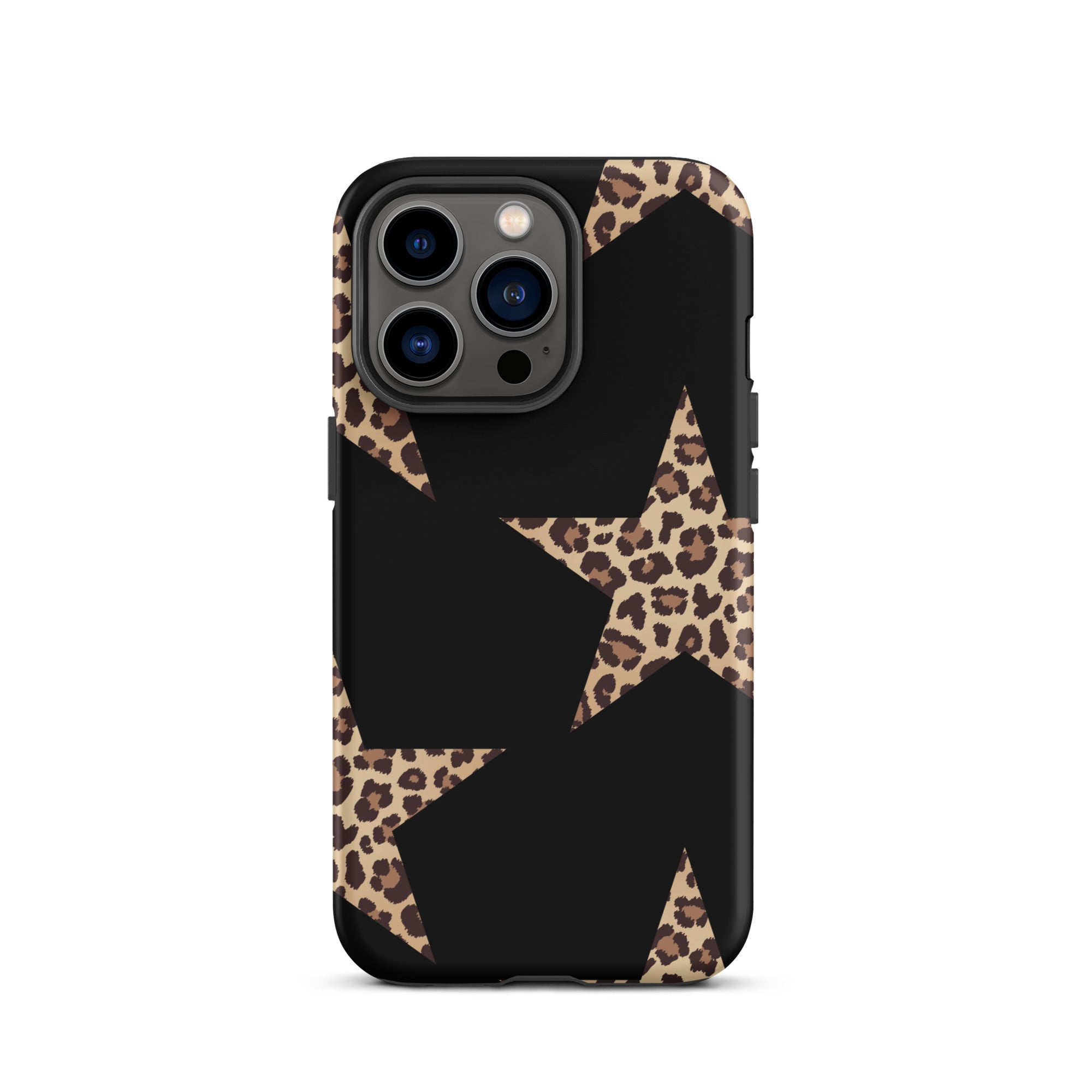 Black iPhone case with leopard-print cheetah stars and dual-layer protection.