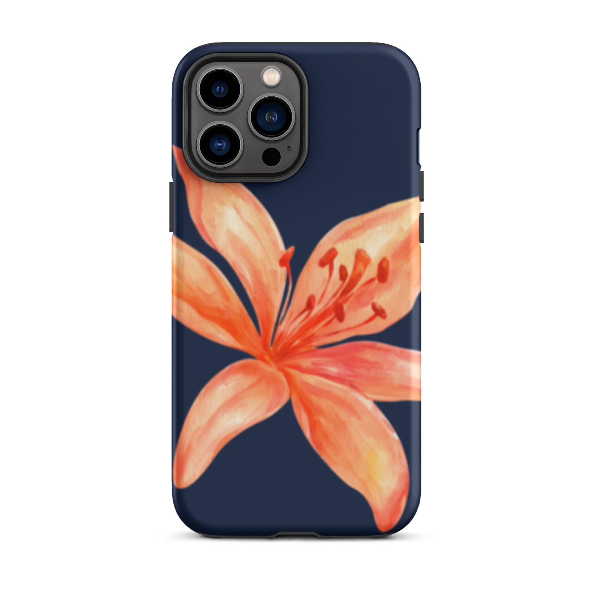 Coral Tiger Lily iPhone Case - Y2K Floral Navy With Glossy Or Matte featuring a bright coral flower on a deep navy background