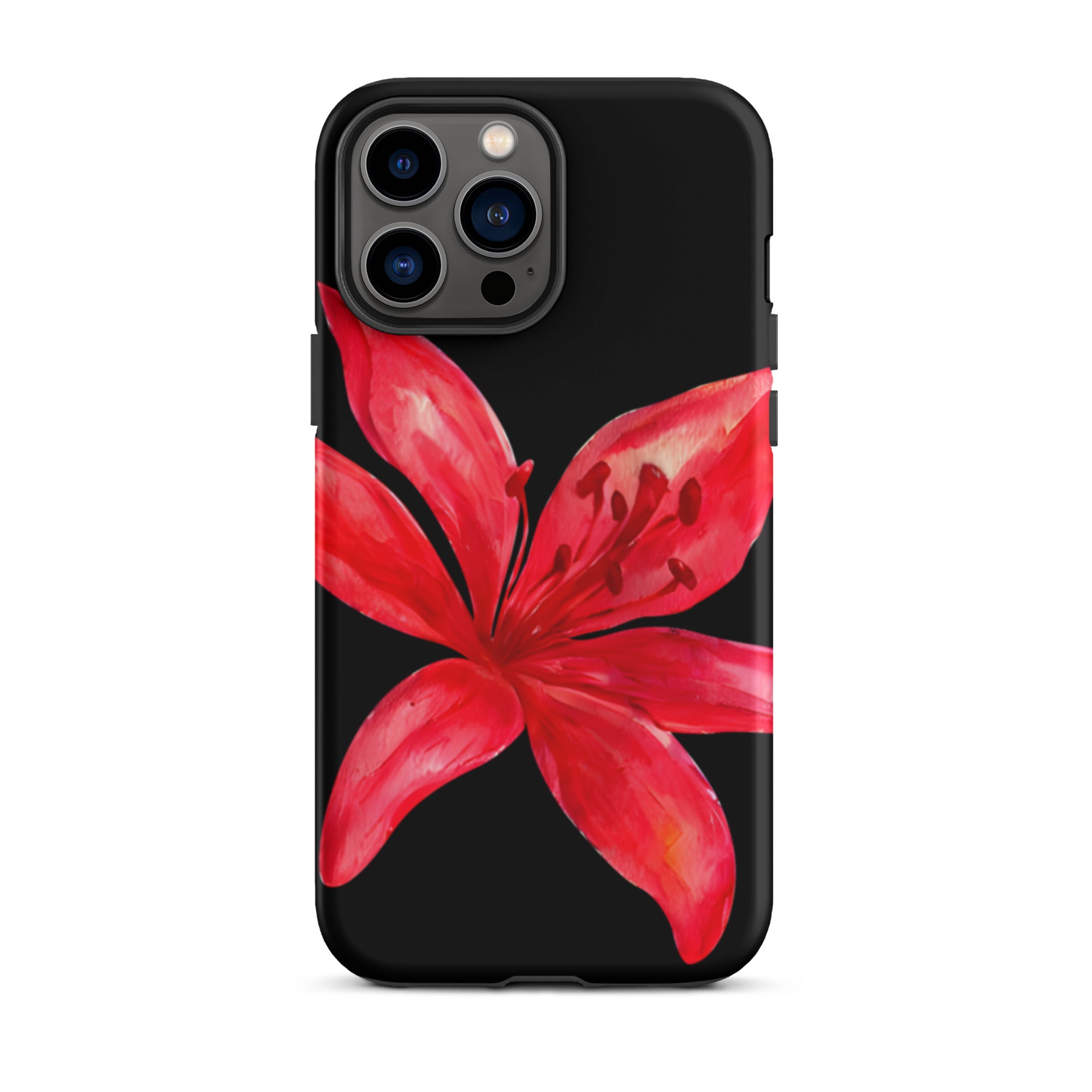 Red Tiger Lily IPhone Case - Y2K Floral Black Phone Case With Dual Layer Protection In Glossy Or Matte Finish showing bold red flower design
