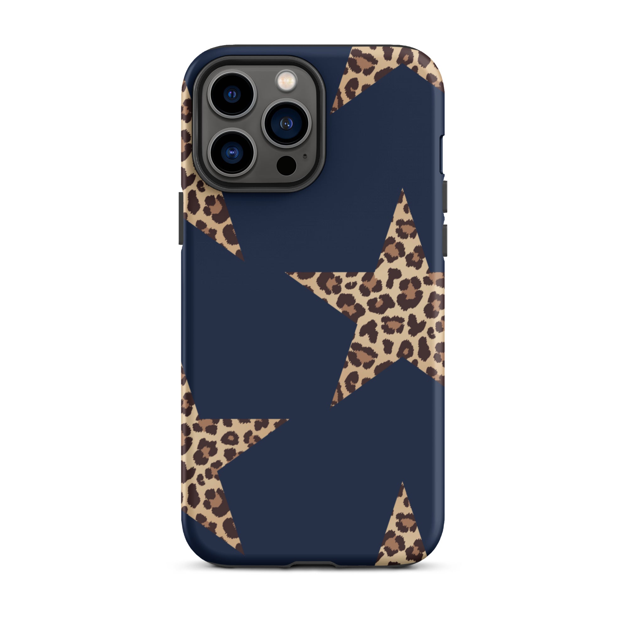 Navy Cheetah Stars iPhone Case - Leopard Star phone cover Dual Layer Bold Style with cheetah print stars on navy background.