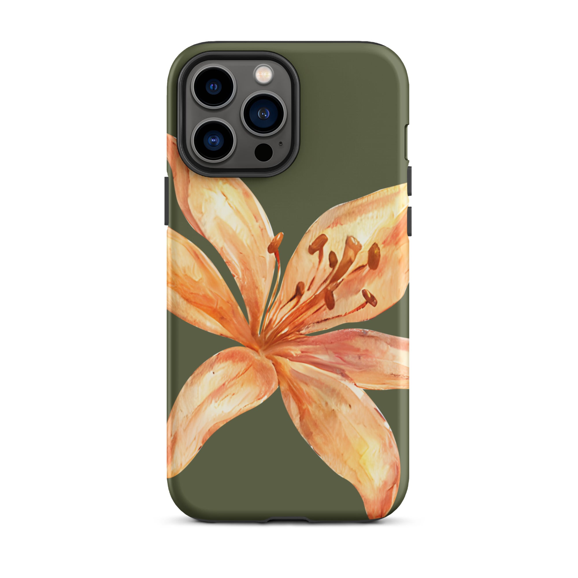 Tiger Lily IPhone Case - Botanical Art Floral y2k preppy Phone cover with orange lily design on olive background