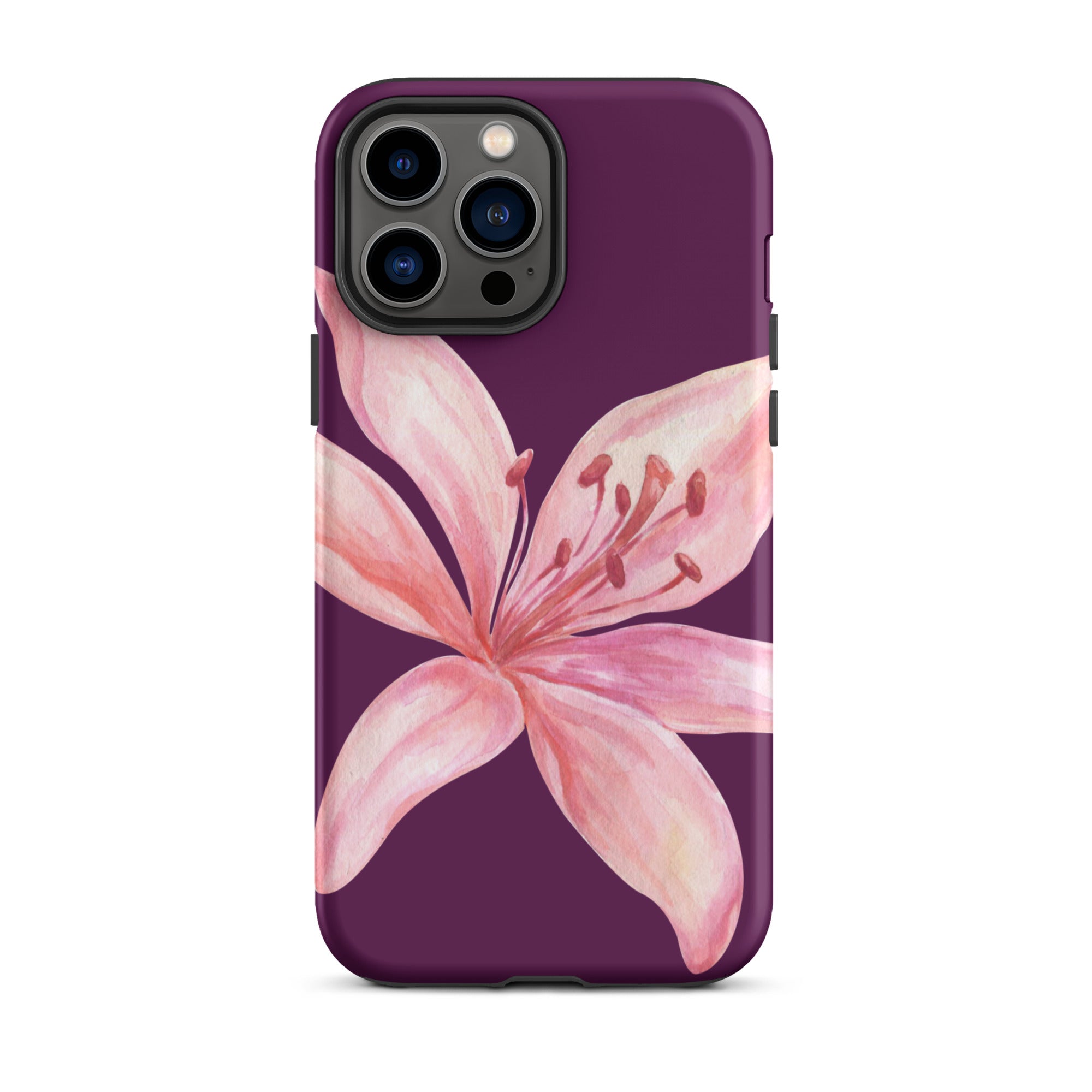 Tiger Lily Purple Pink iPhone Case - Dual Layer Protection With Polycarbonate Outer Shell featuring a large pink lily on purple background