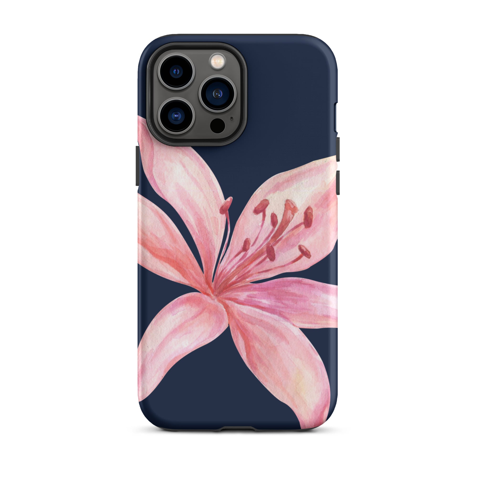 Blue navy iPhone case with pink tiger lily floral pattern and dual-layer protection.