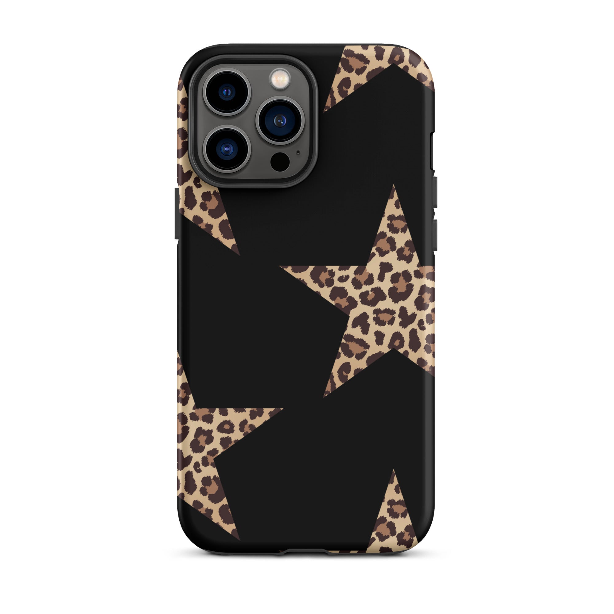 Black Cheetah Stars iPhone case with leopard-star geometric pattern and dual-layer protection.