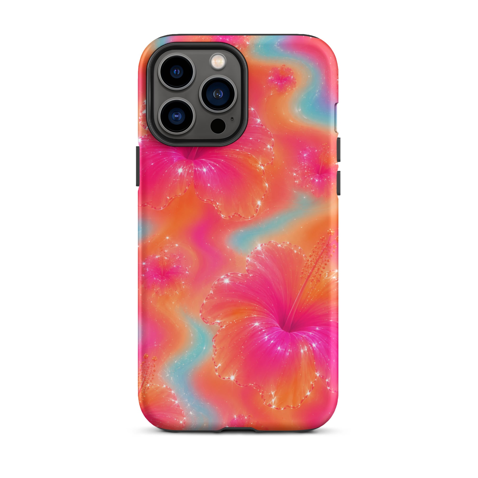 iPhone with floral protective case and triple camera setup