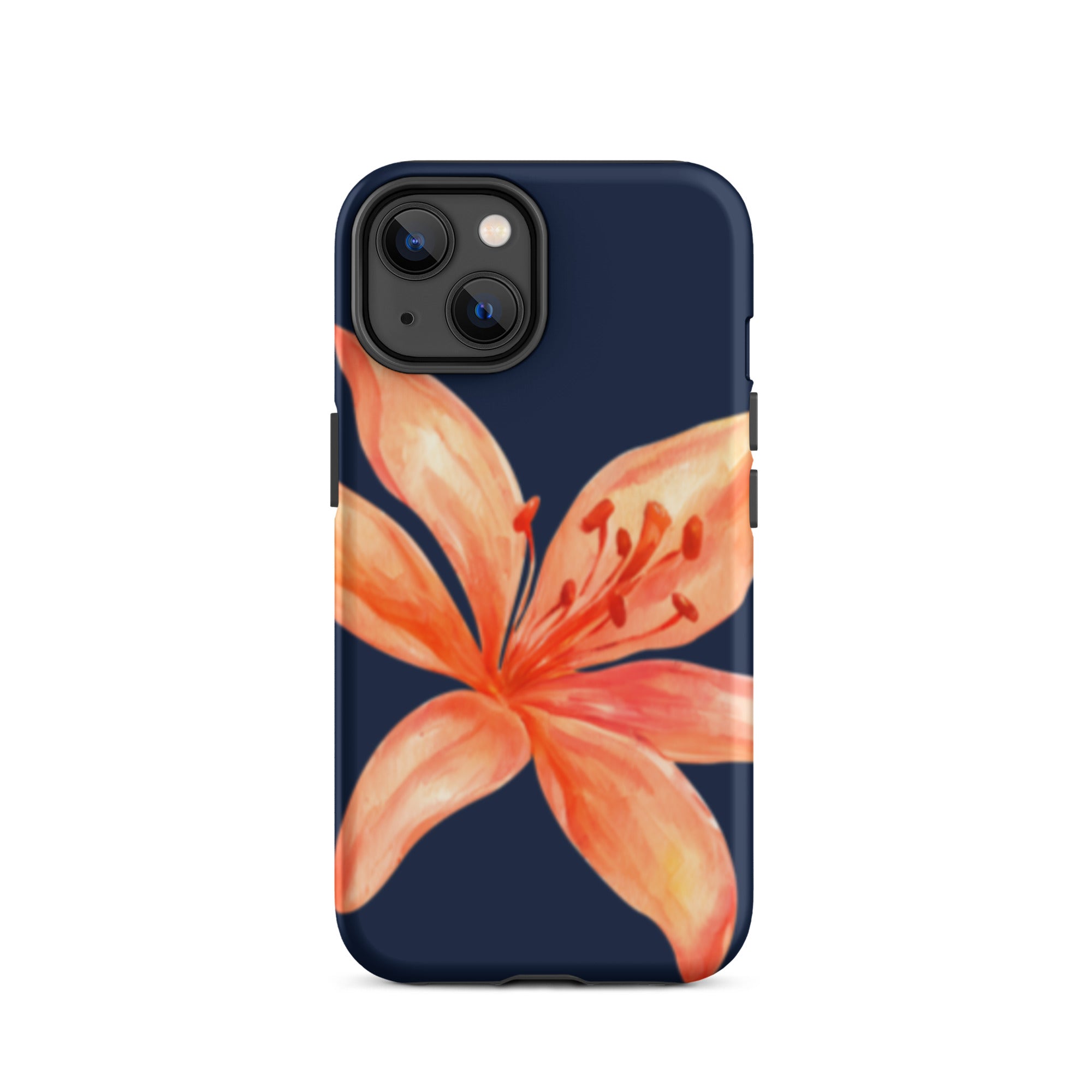 Coral Tiger Lily iPhone Case - Y2K Floral Navy With Glossy Or Matte featuring a large coral flower on navy background phone case