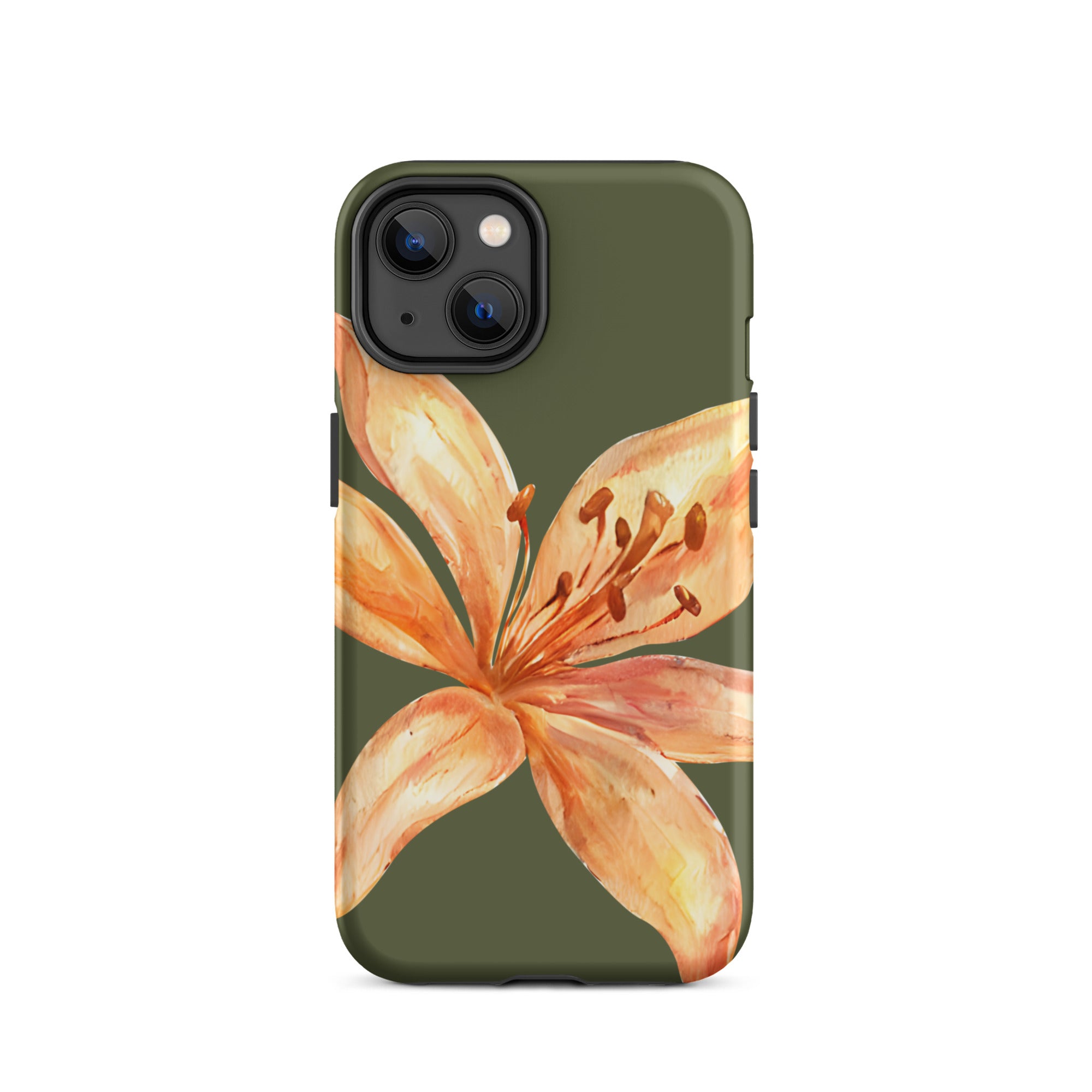 Tiger Lily IPhone Case - Botanical Art Floral y2k preppy Phone cover with a large orange lily on olive green background