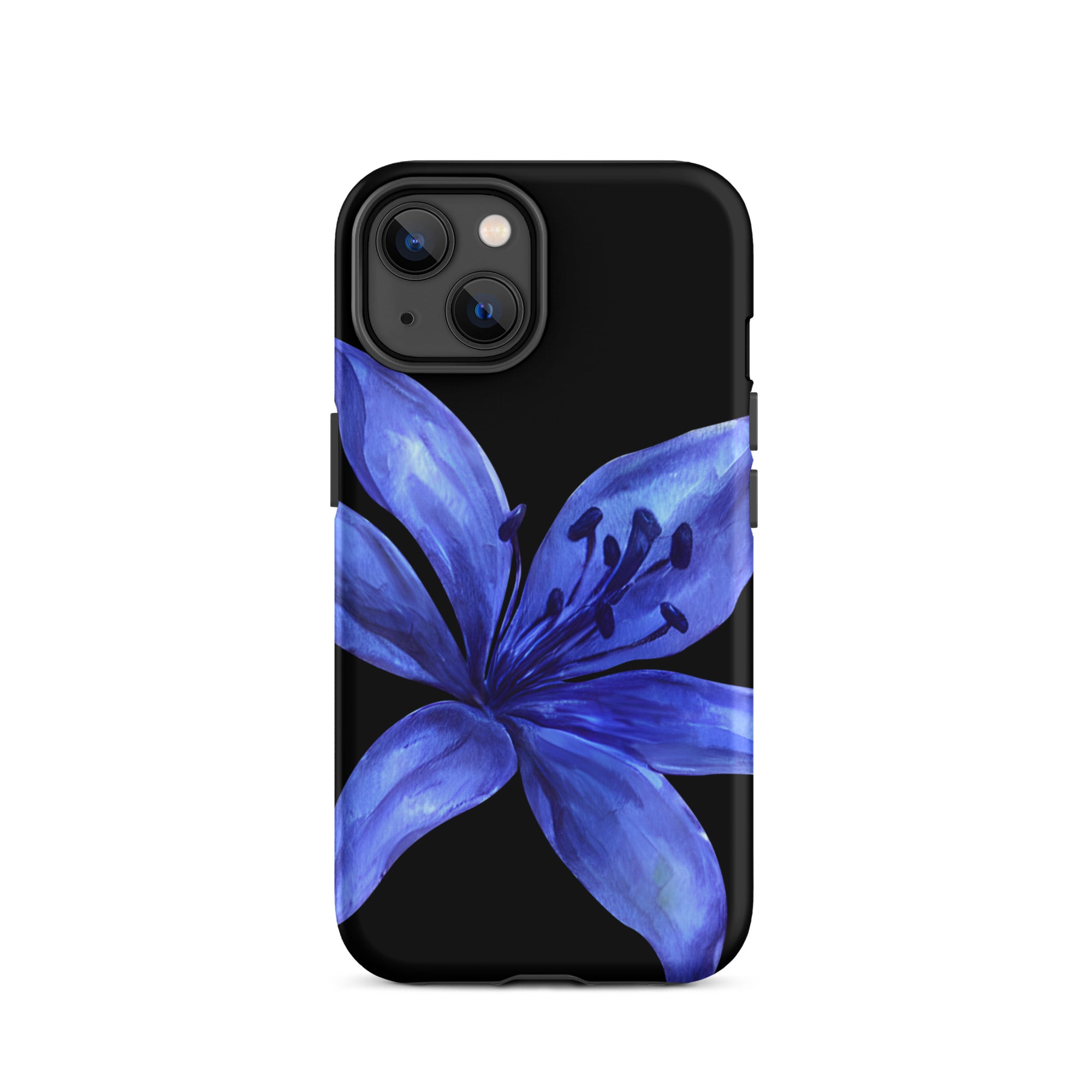 Blue tiger lily iPhone case on black background, dual-layer design with polycarbonate outer shell and TPU inner lining.