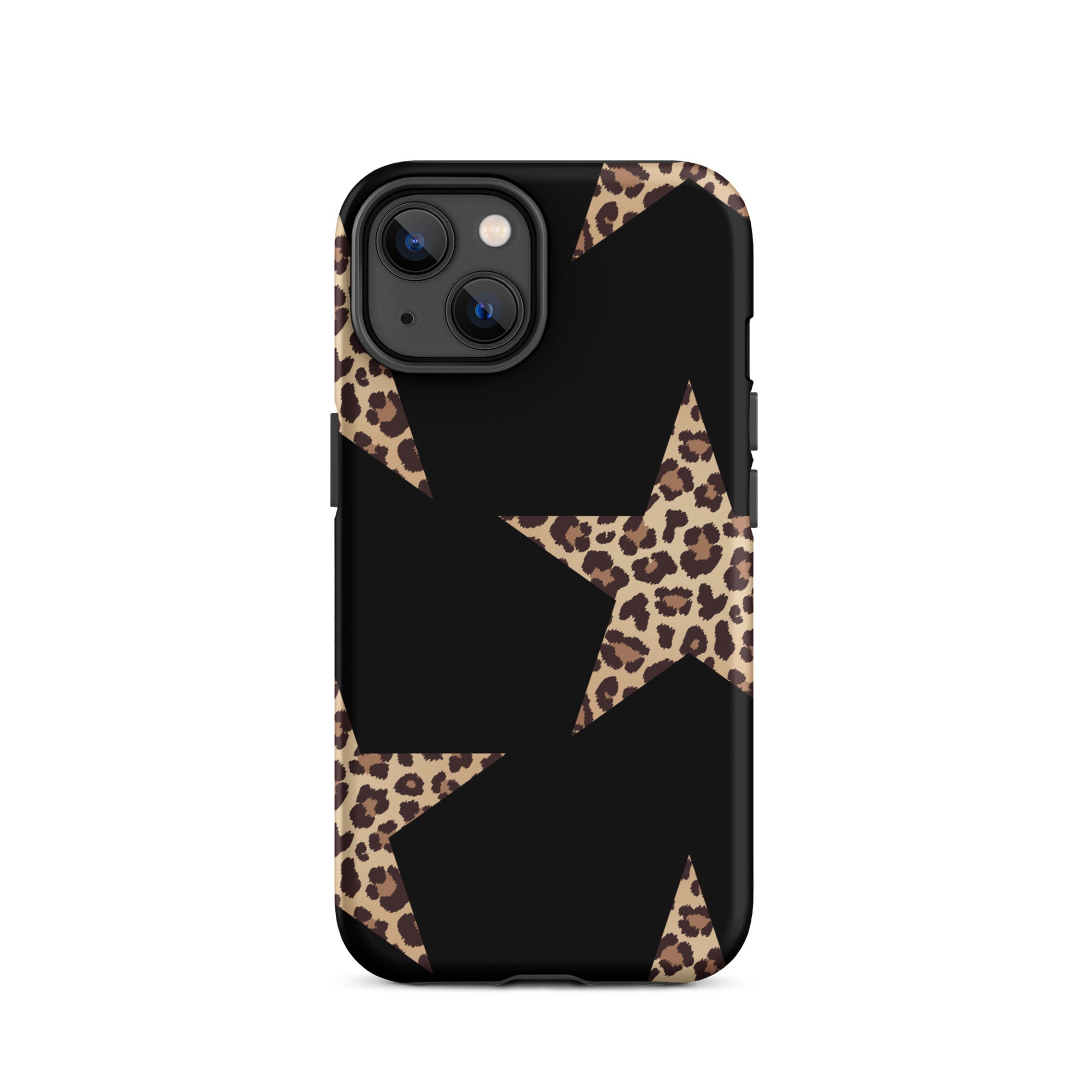 Black iPhone case featuring leopard-print star shapes and rugged dual-layer protection.
