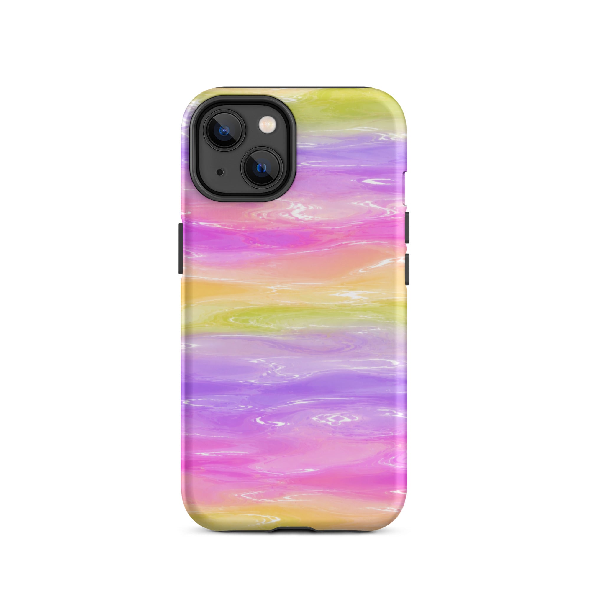 Front view of colorful marble iPhone case with triple camera cutout