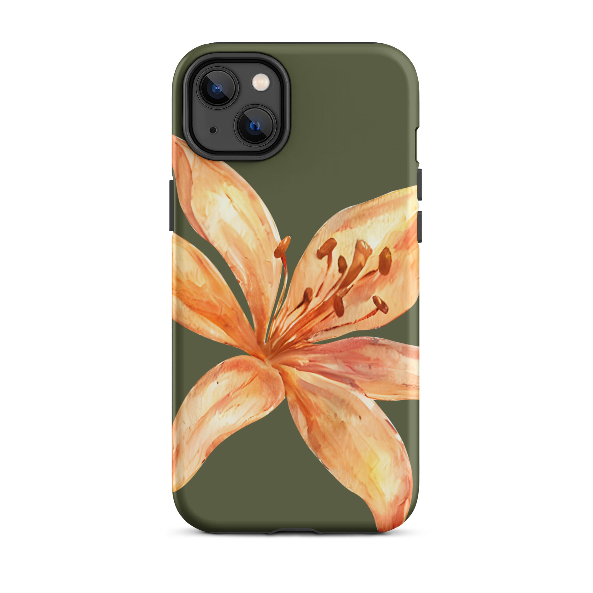 Tiger Lily IPhone Case - Botanical Art Floral y2k preppy Phone cover with orange lily design on olive green background