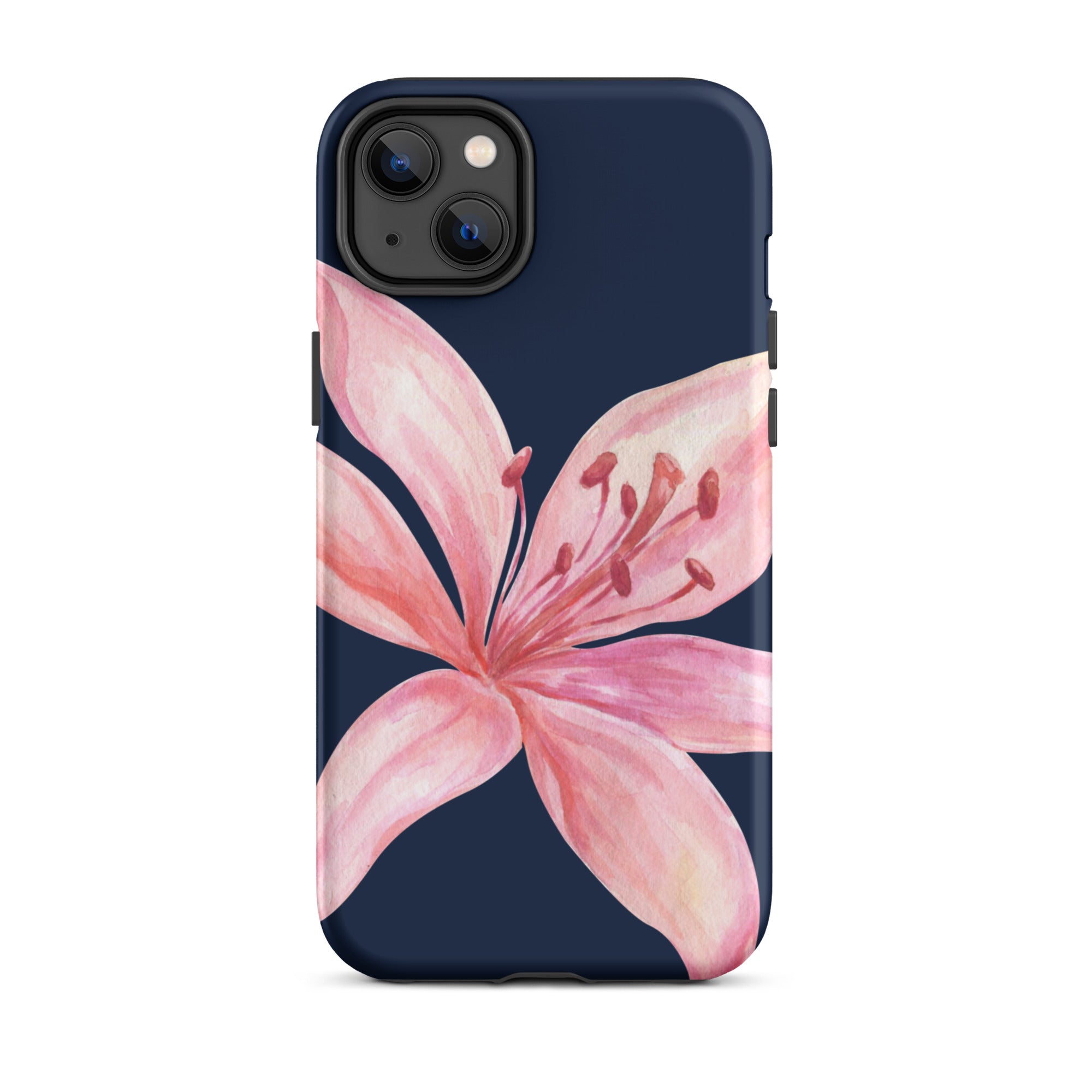 Navy blue iPhone case with pink tiger lily floral design