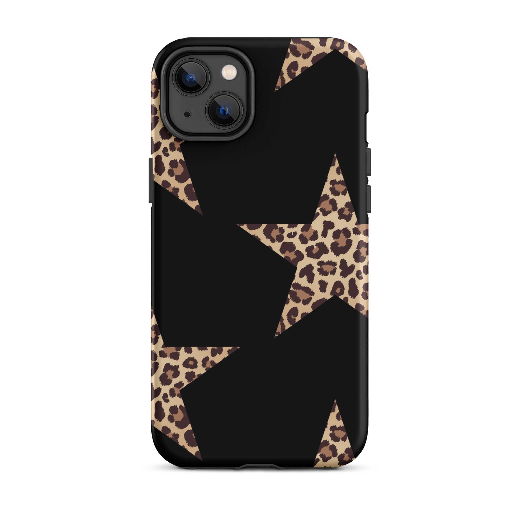 Black iPhone case with leopard-print star shapes and dual-layer protection.