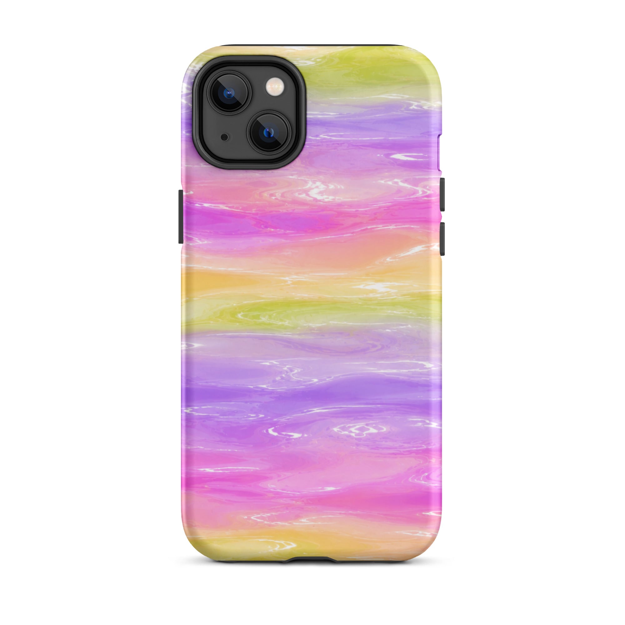 Back view of colorful marble iPhone case with triple camera cutout