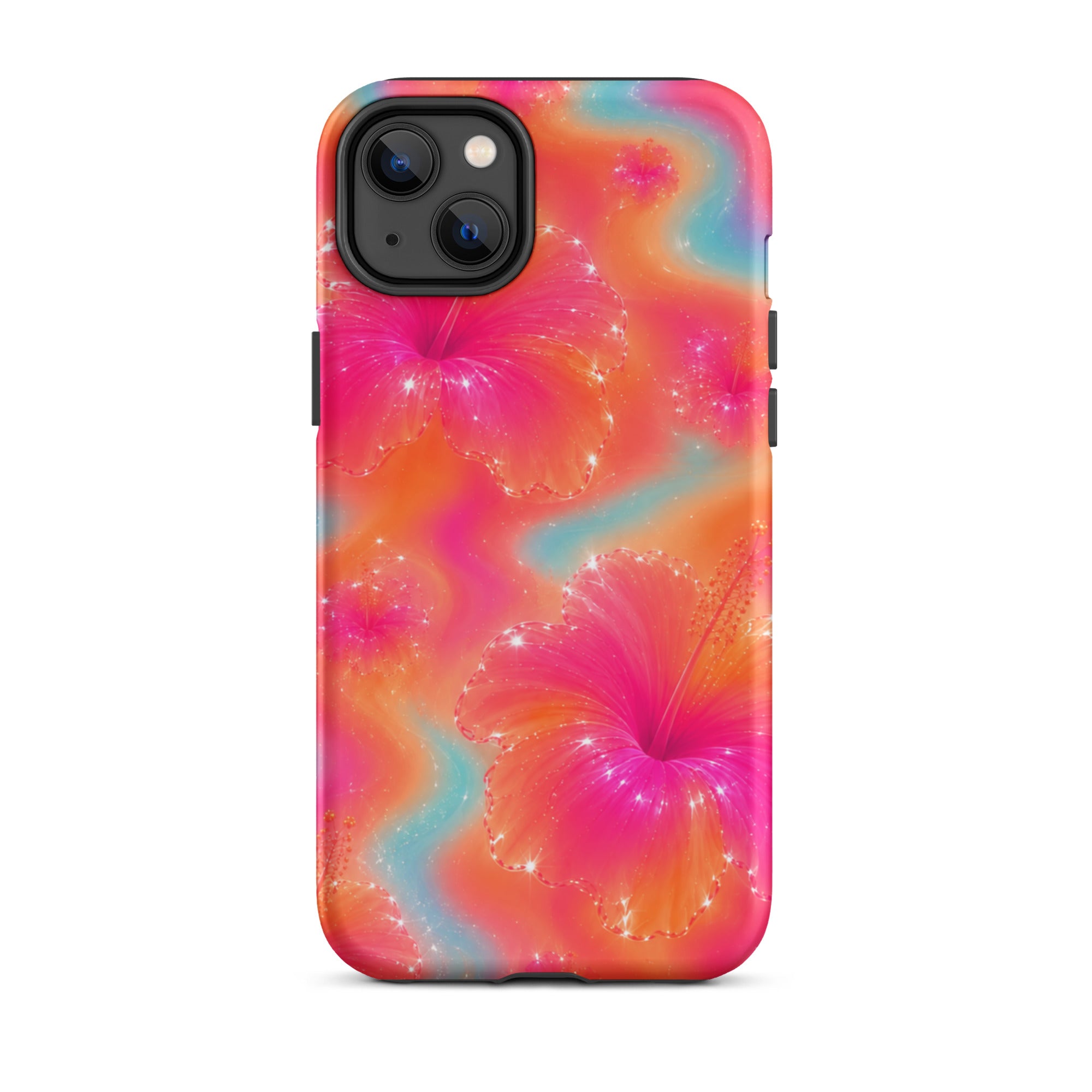 Close-up of iPhone case with triple camera cutout and floral pattern