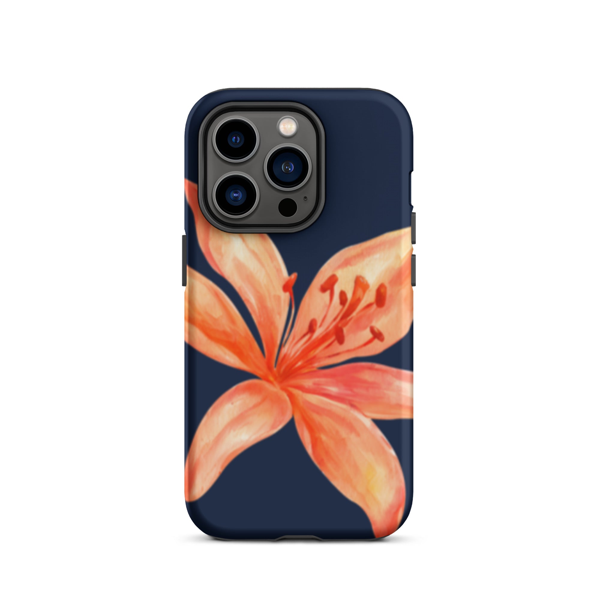 Coral Tiger Lily iPhone Case - Y2K Floral Navy With Glossy Or Matte featuring a bold coral flower on navy background.