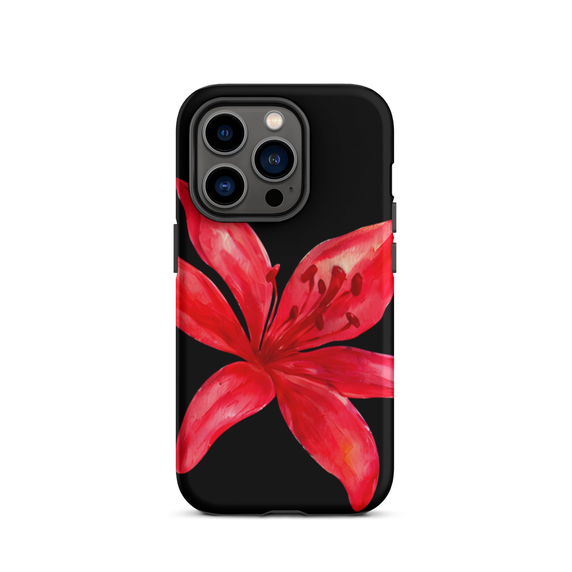 Red Tiger Lily IPhone Case - Y2K Floral Black Phone Case With Dual Layer Protection In Glossy Or Matte Finish with a red flower design