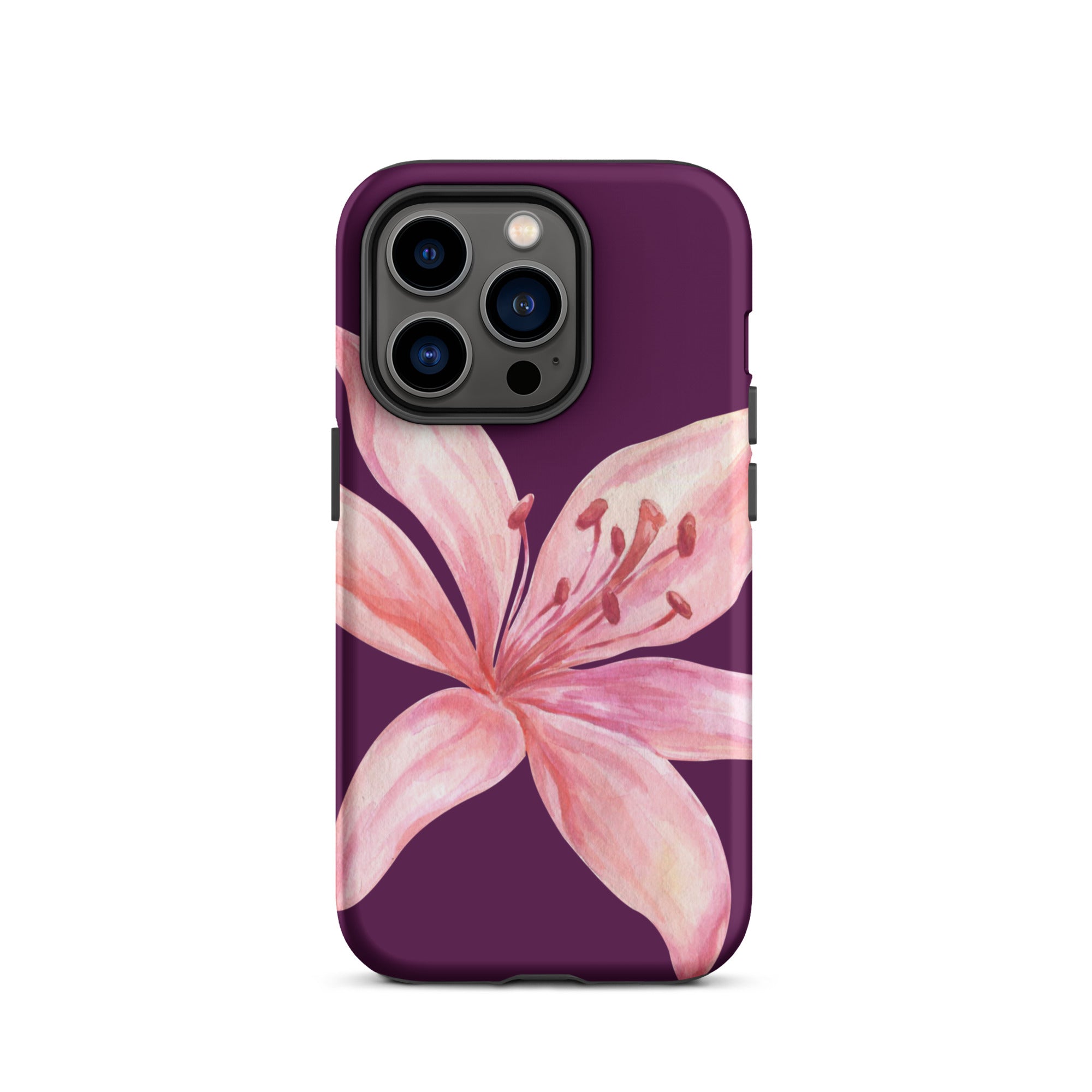 Tiger Lily Purple Pink iPhone Case - Dual Layer Protection With Polycarbonate Outer Shell featuring a large pink flower on purple background