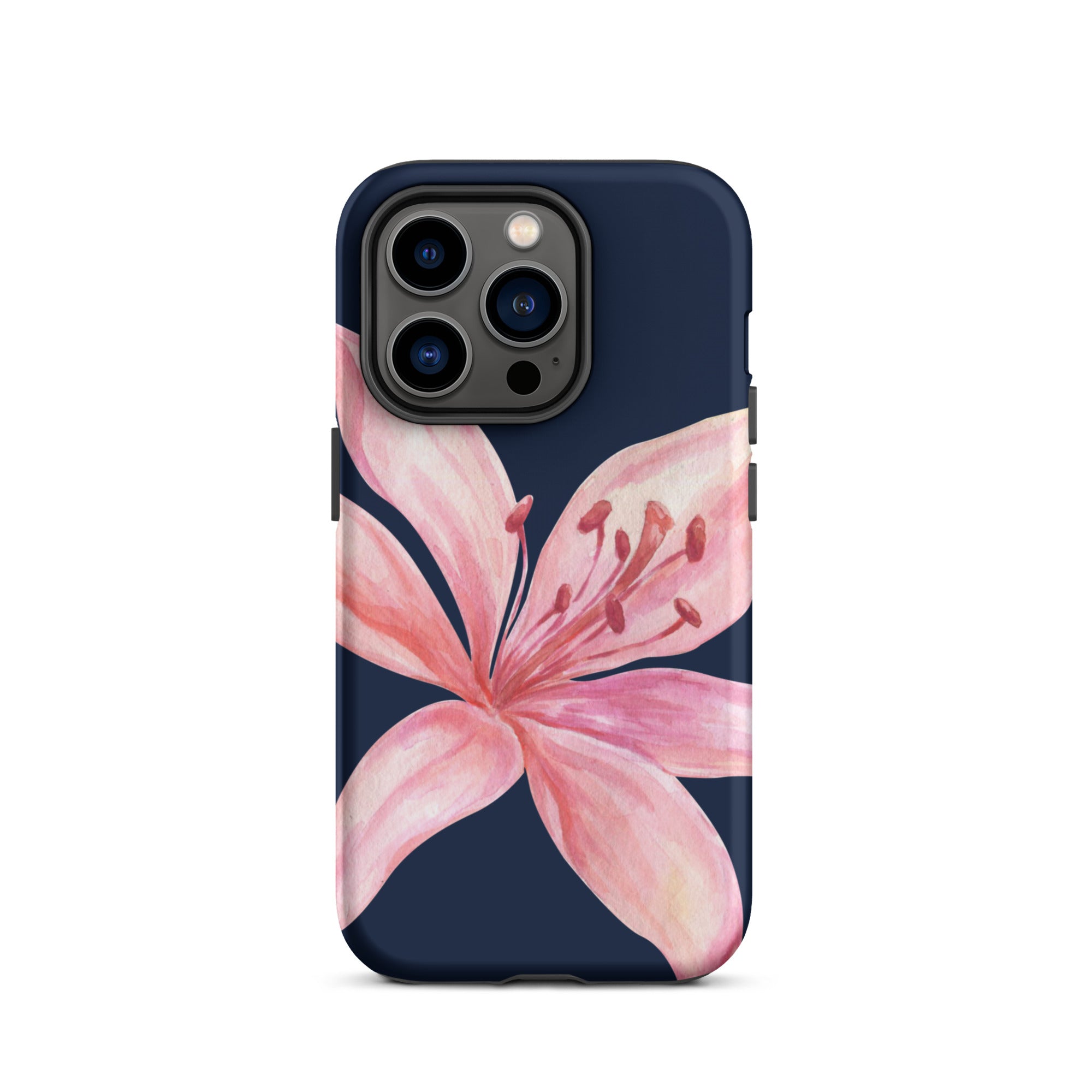 Blue navy iPhone case with pink tiger lily, durable dual-layer shell polycarbonate exterior, TPU interior.