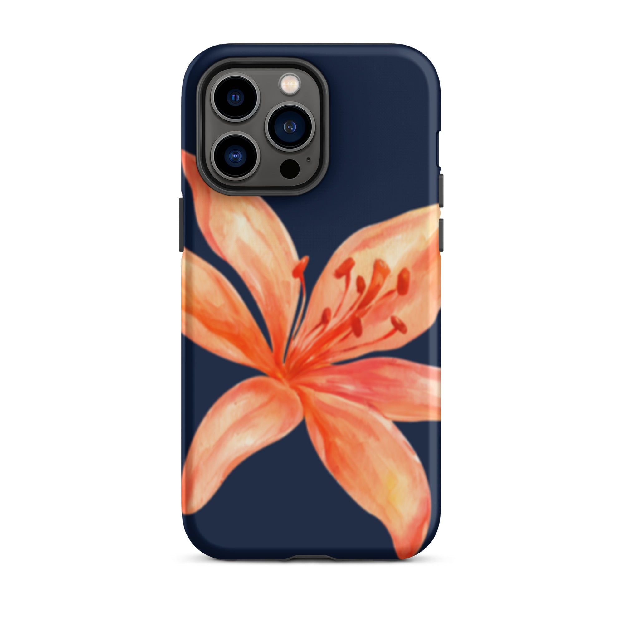 Coral Tiger Lily iPhone Case - Y2K Floral Navy With Glossy Or Matte showing orange flower on navy background trendy phone case