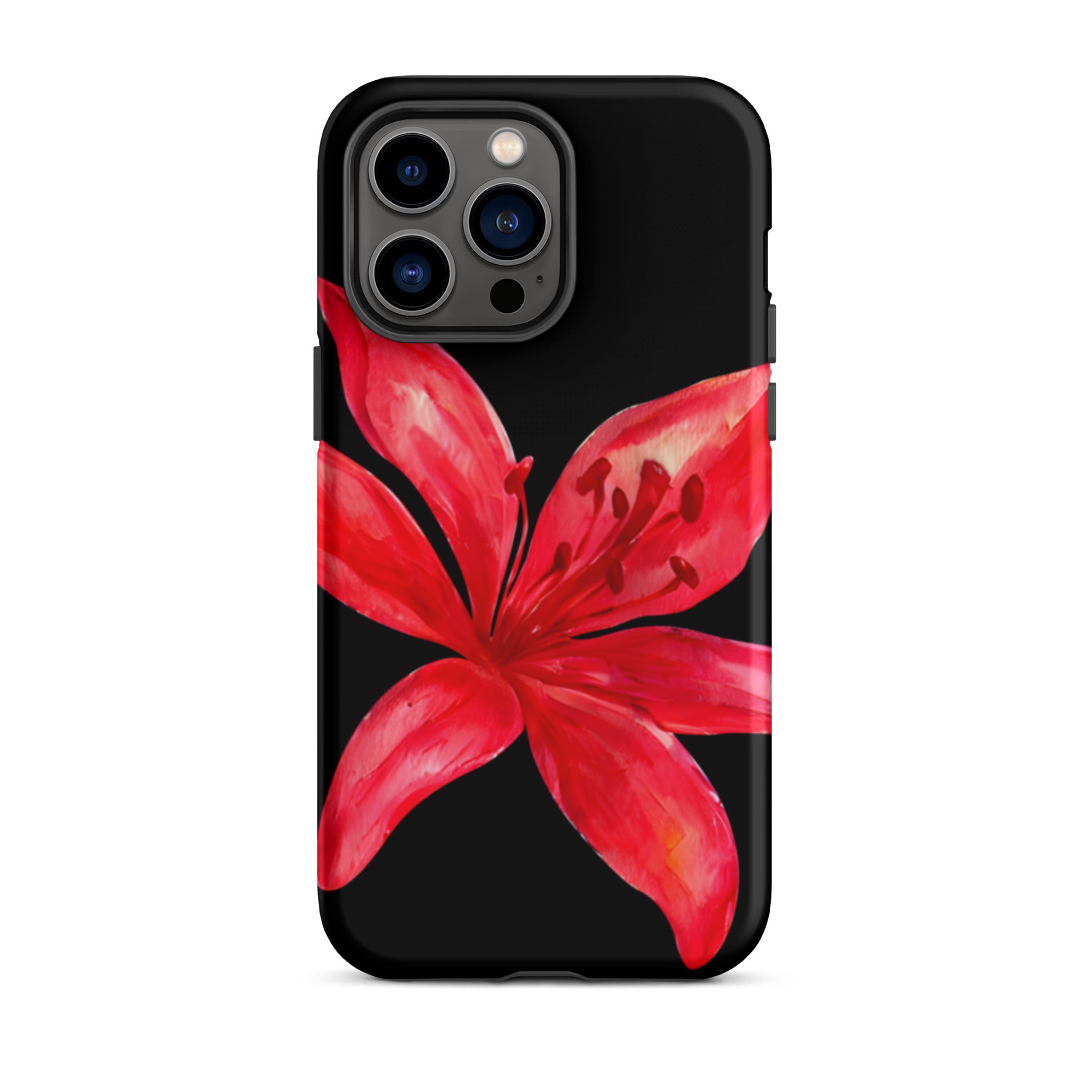 Red Tiger Lily IPhone Case - Y2K Floral Black Phone Case With Dual Layer Protection In Glossy Or Matte Finish with red flower design.