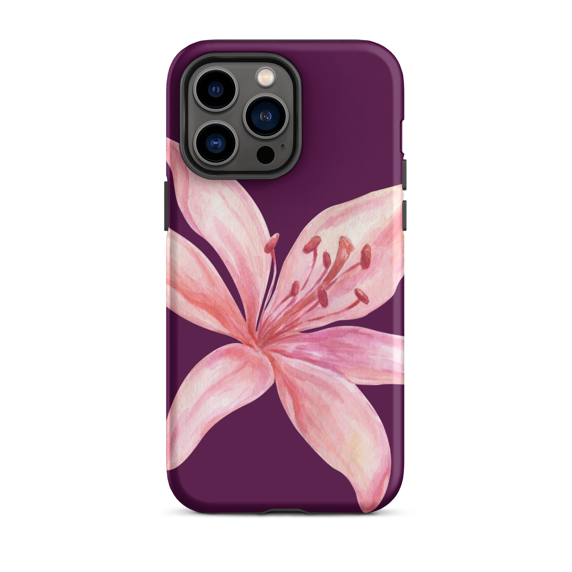 Tiger Lily Purple Pink iPhone Case - Dual Layer Protection With Polycarbonate Outer Shell featuring a floral pink lily design on purple background