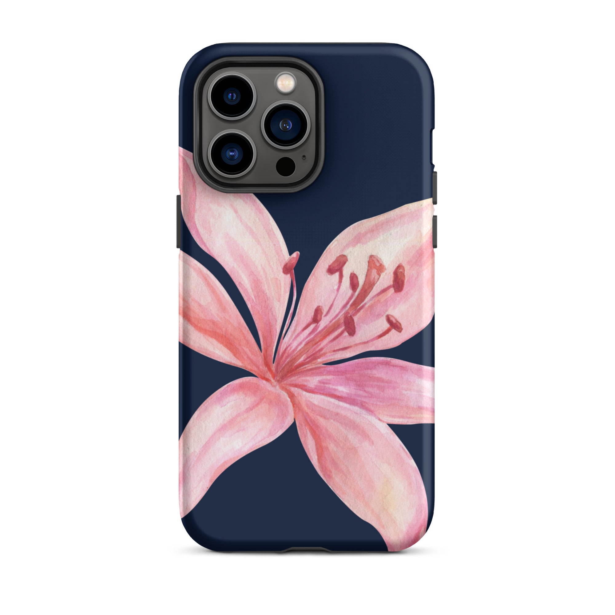 Blue navy iPhone case with pink tiger lily floral design; dual-layer polycarbonate with TPU lining.
