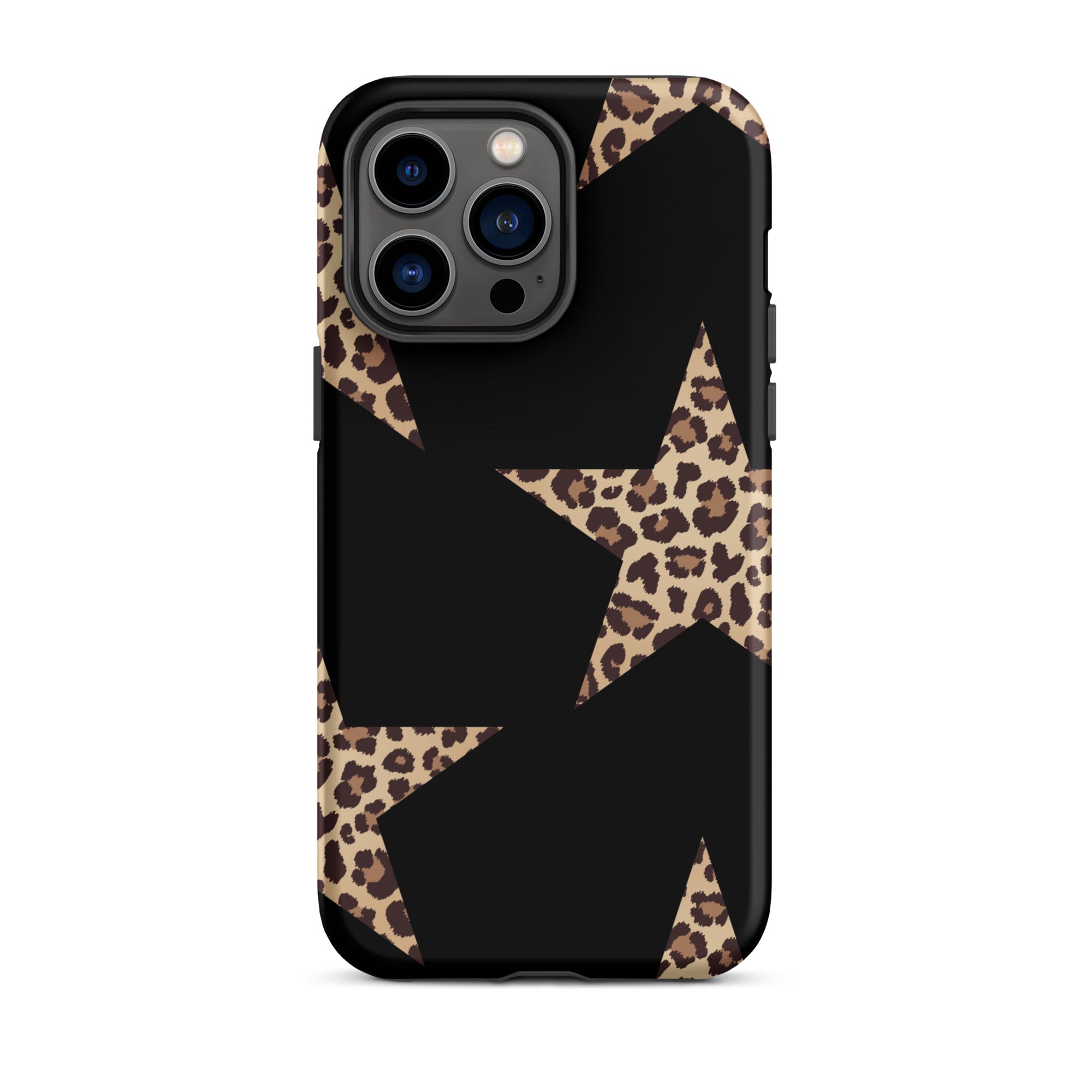 Black iPhone case with leopard-print star design and dual-layer protection