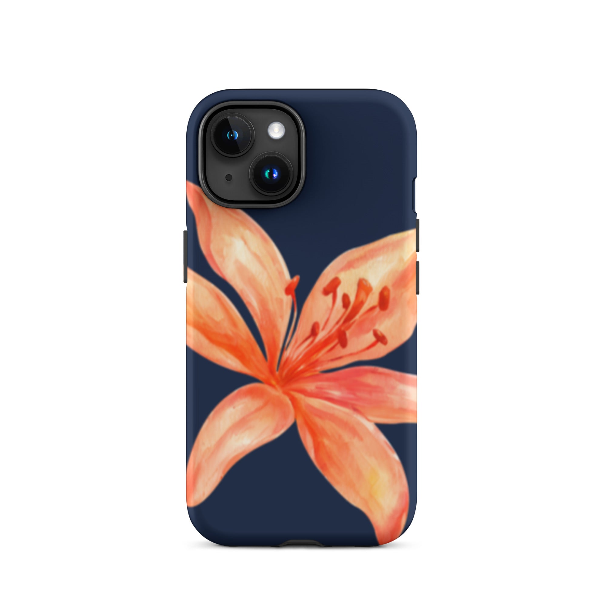 Coral Tiger Lily iPhone Case - Y2K Floral Navy With Glossy Or Matte featuring a large coral tiger lily on navy background.