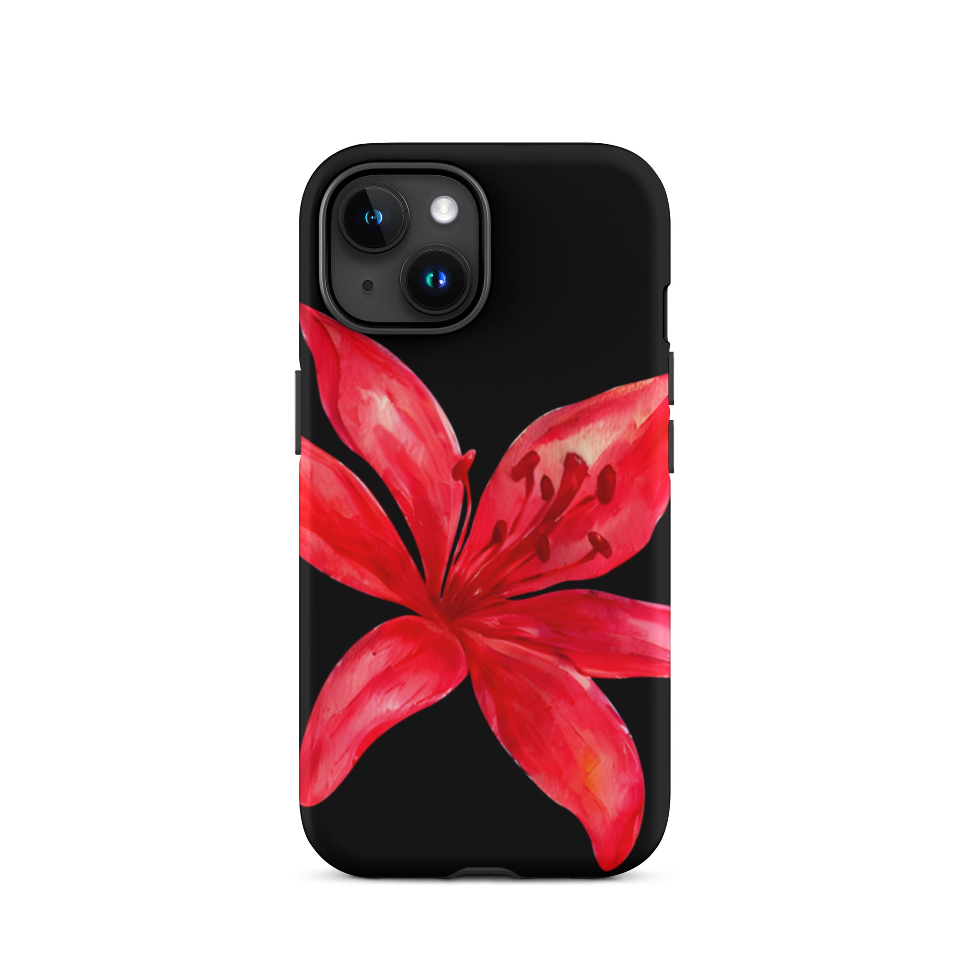 Red Tiger Lily IPhone Case - Y2K Floral Black Phone Case With Dual Layer Protection In Glossy Or Matte Finish with vibrant red flower design