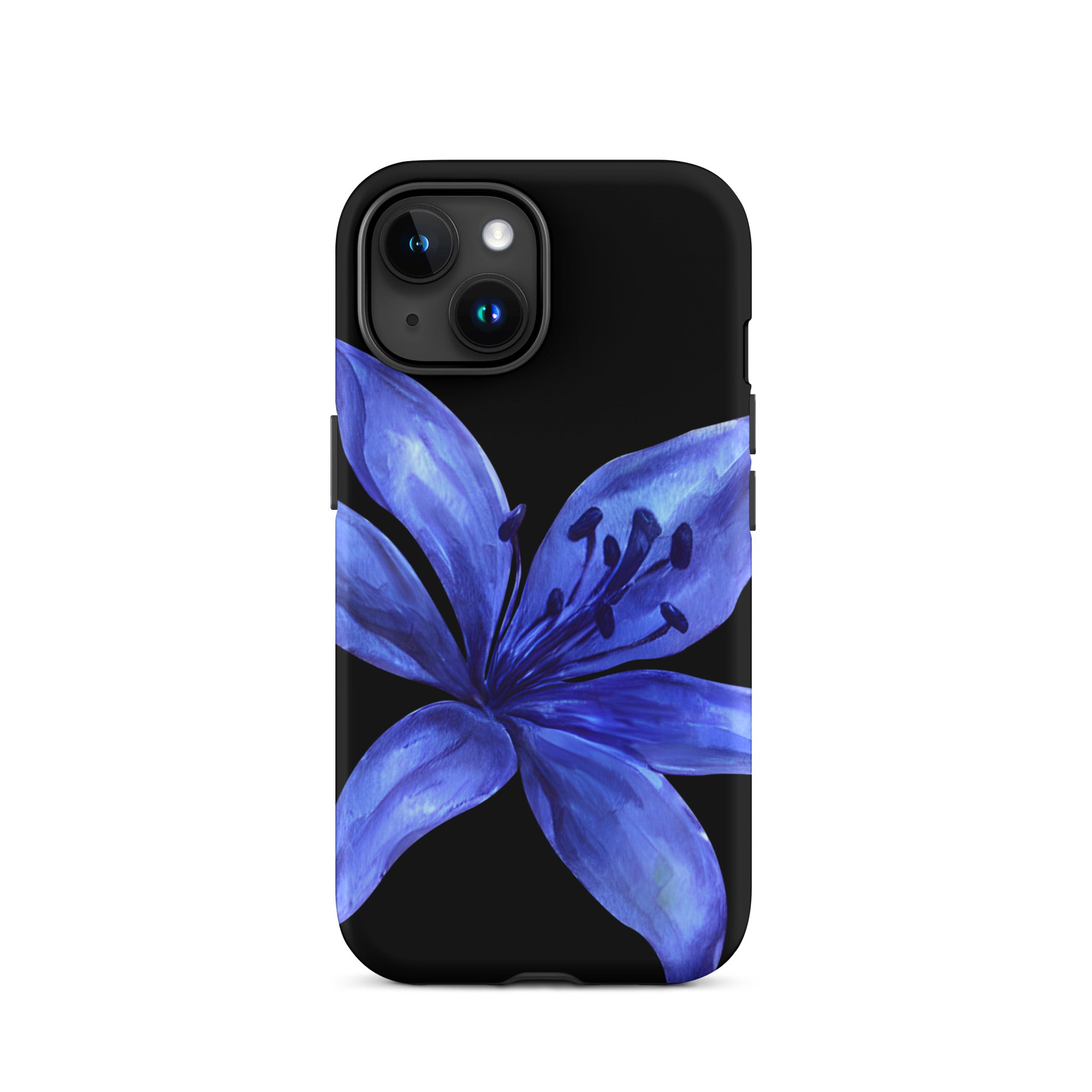 Blue tiger lily on black dual-layer iPhone case with polycarbonate shell and TPU lining.