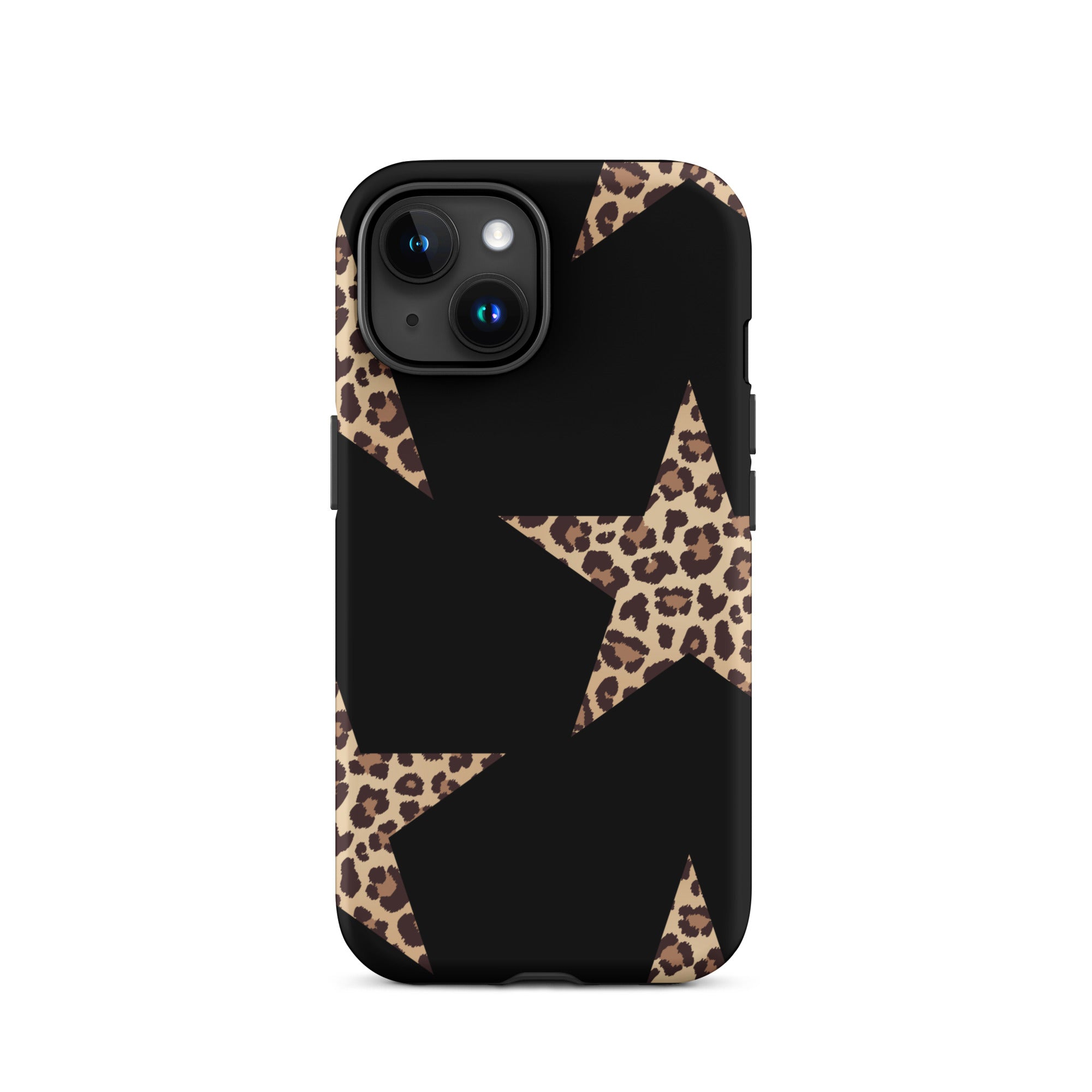 Black iPhone case featuring leopard-print star shapes and dual-layer protection.