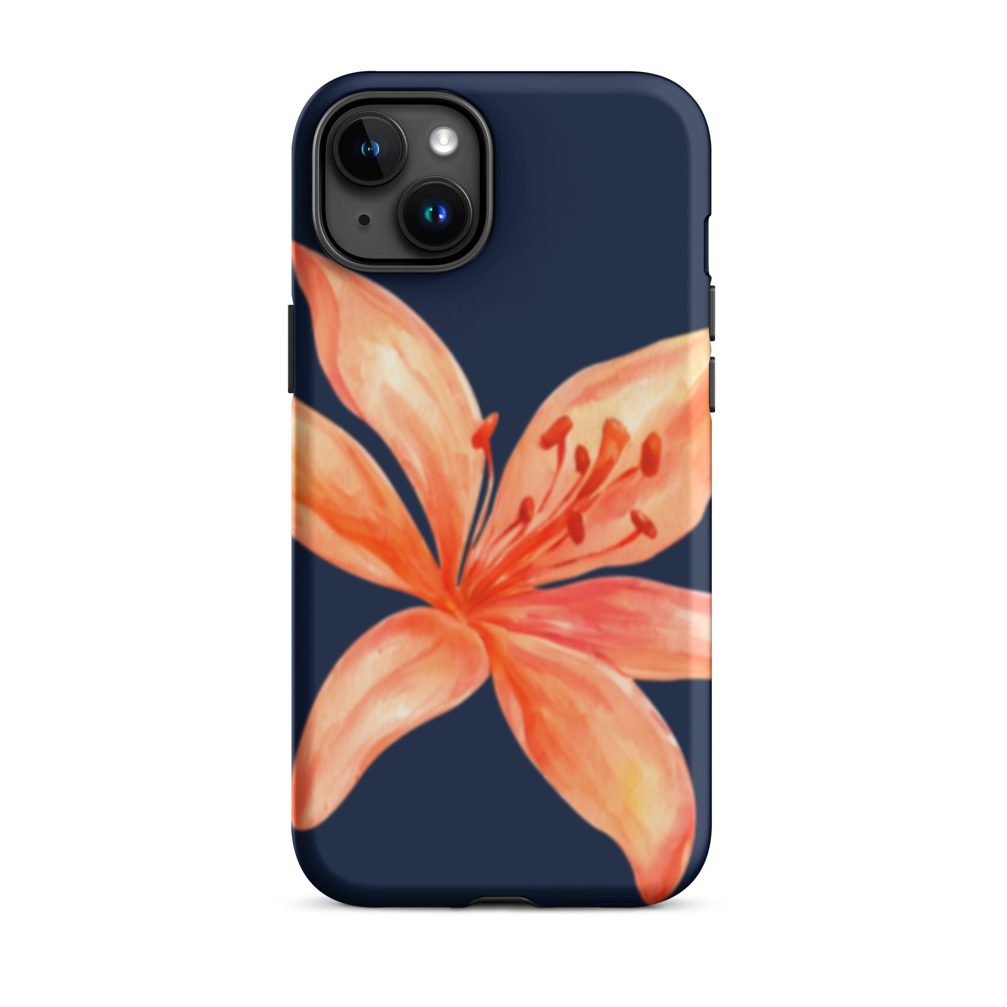 Coral Tiger Lily iPhone Case - Y2K Floral Navy With Glossy Or Matte showing navy background with orange flower design phone case