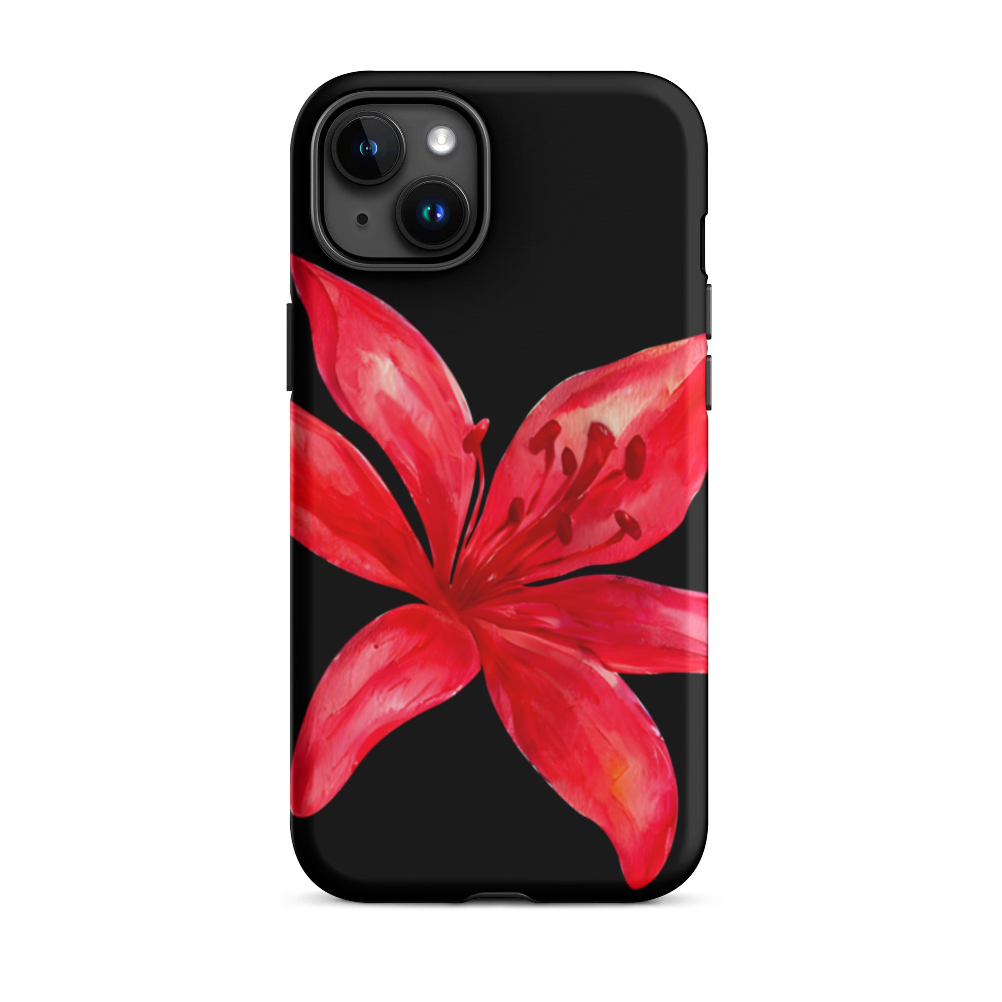 Red Tiger Lily IPhone Case - Y2K Floral Black Phone Case With Dual Layer Protection In Glossy Or Matte Finish displaying a vibrant red flower design