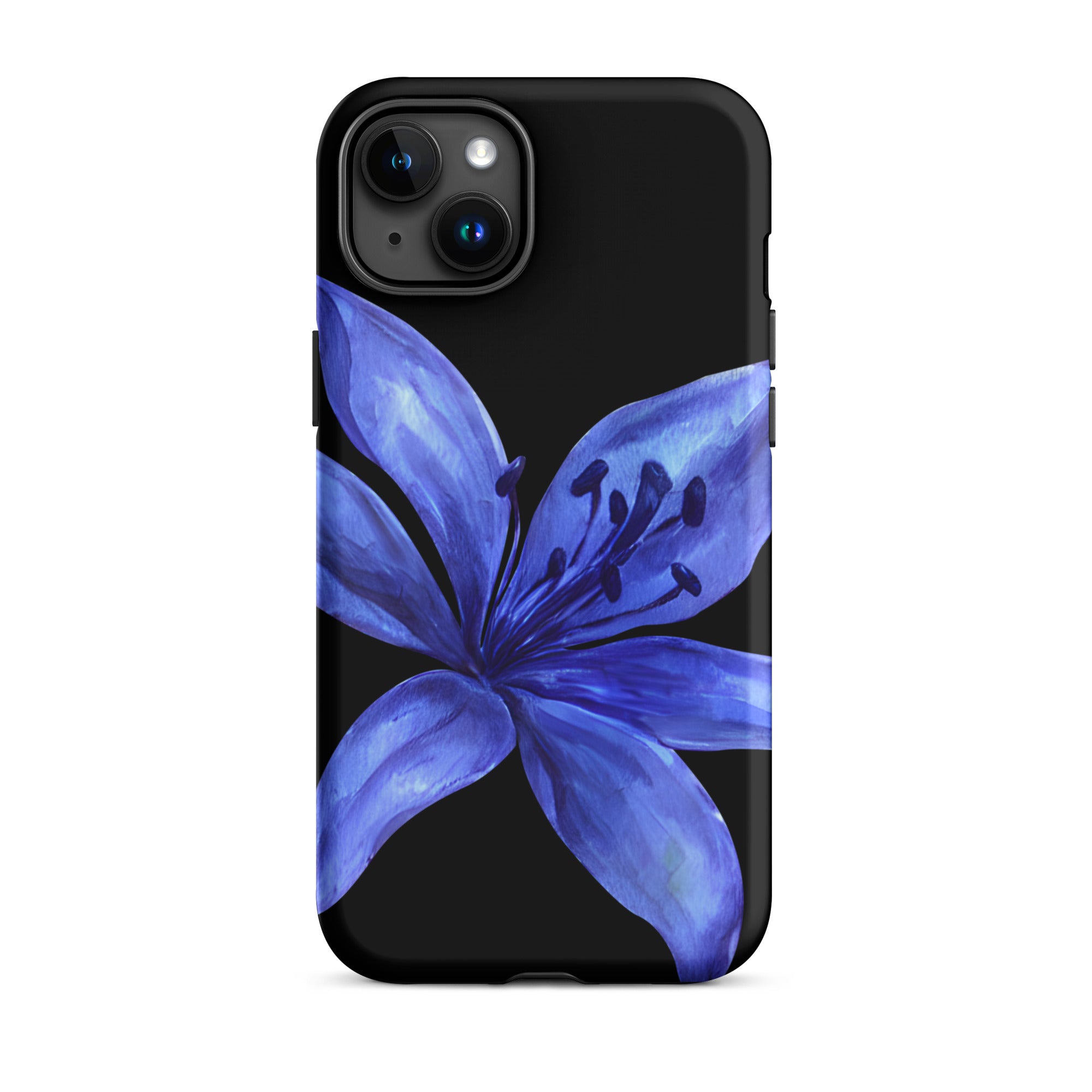 Blue tiger lily graphic on black iPhone case with dual-layer protection.