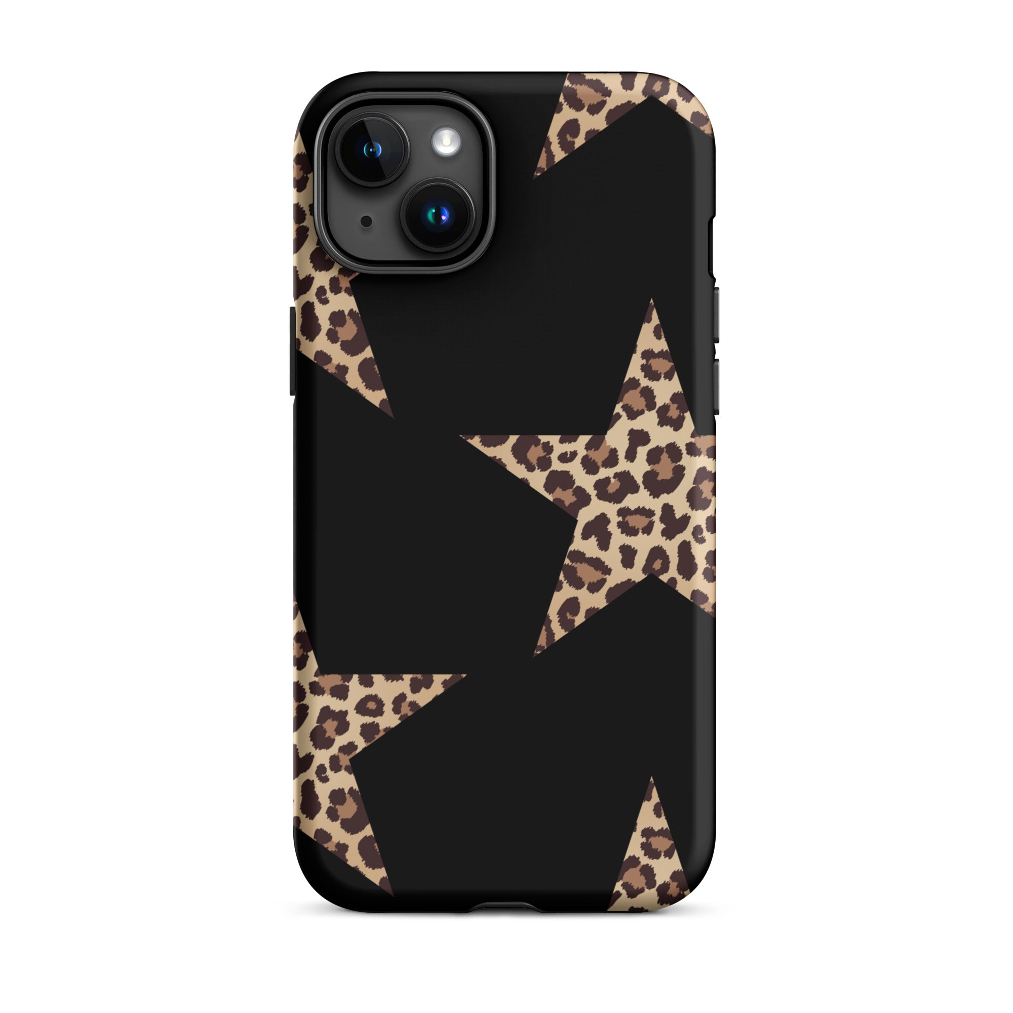 Black iPhone case with leopard-print stars forming a bold geometric pattern; dual-layer protection.